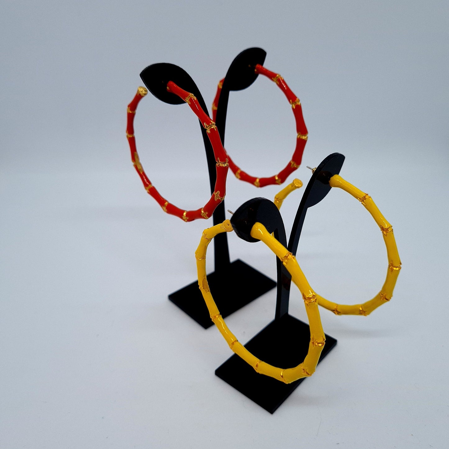 Vintage KLJ bamboo hoop earrings Yellow enameled huggie hoops Designer orange enamel hoop earring