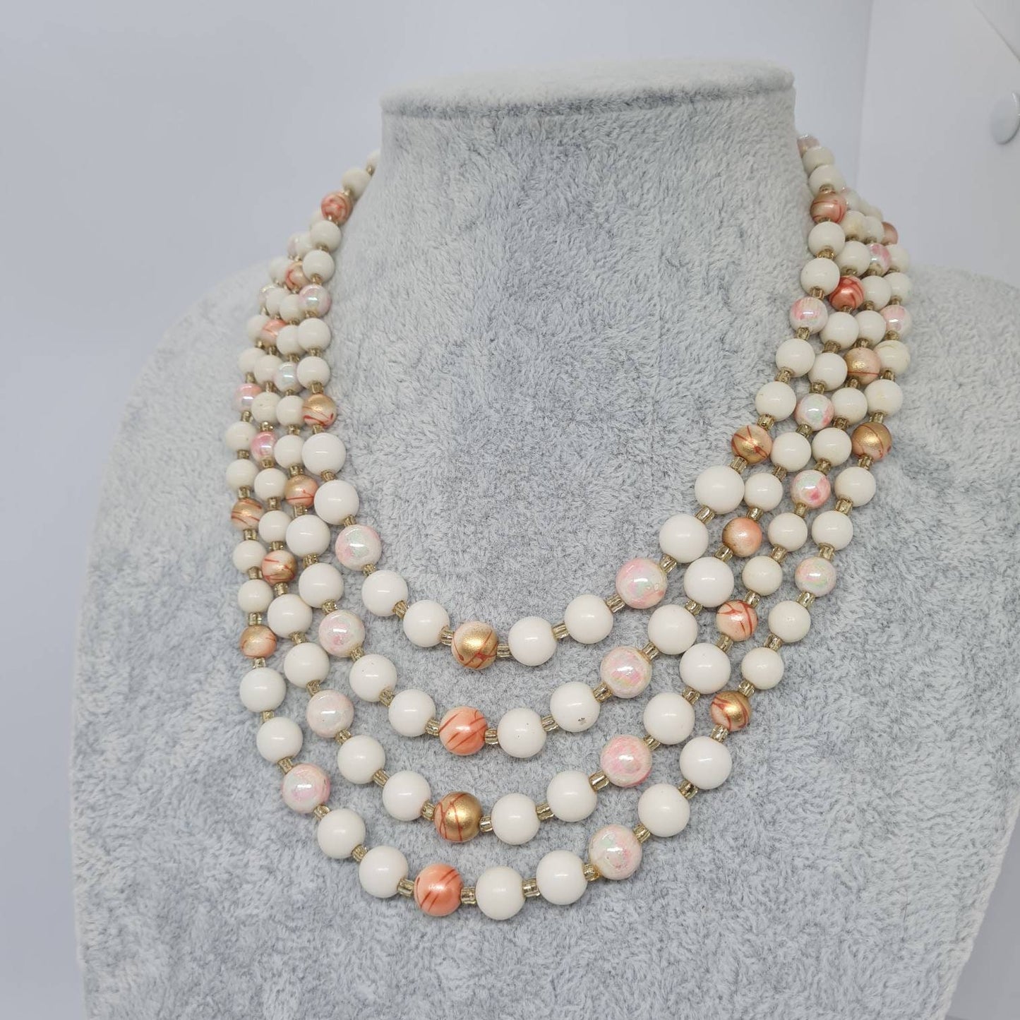 Vintage multistrand necklace Silver tone metal with white and pink plastic beads necklace
