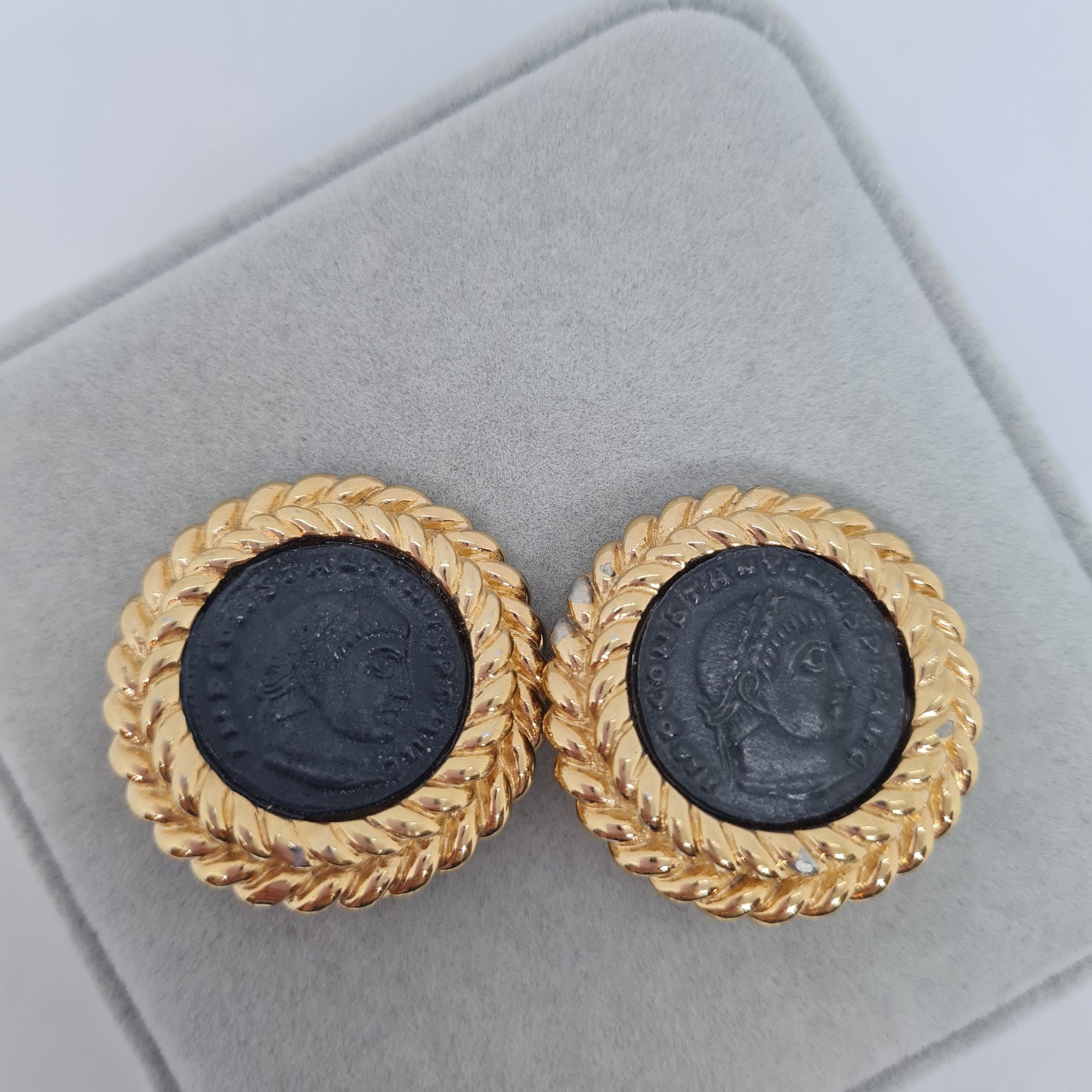 Vintage CINER ancient roman coin clip earrings Gold tone chunky rope clip on earrings Statement coin clip earring