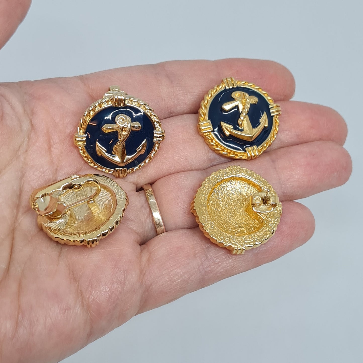 Vintage AVON nautical earrings or clip earrings Gold tone metal and blue enamel anchor earrings