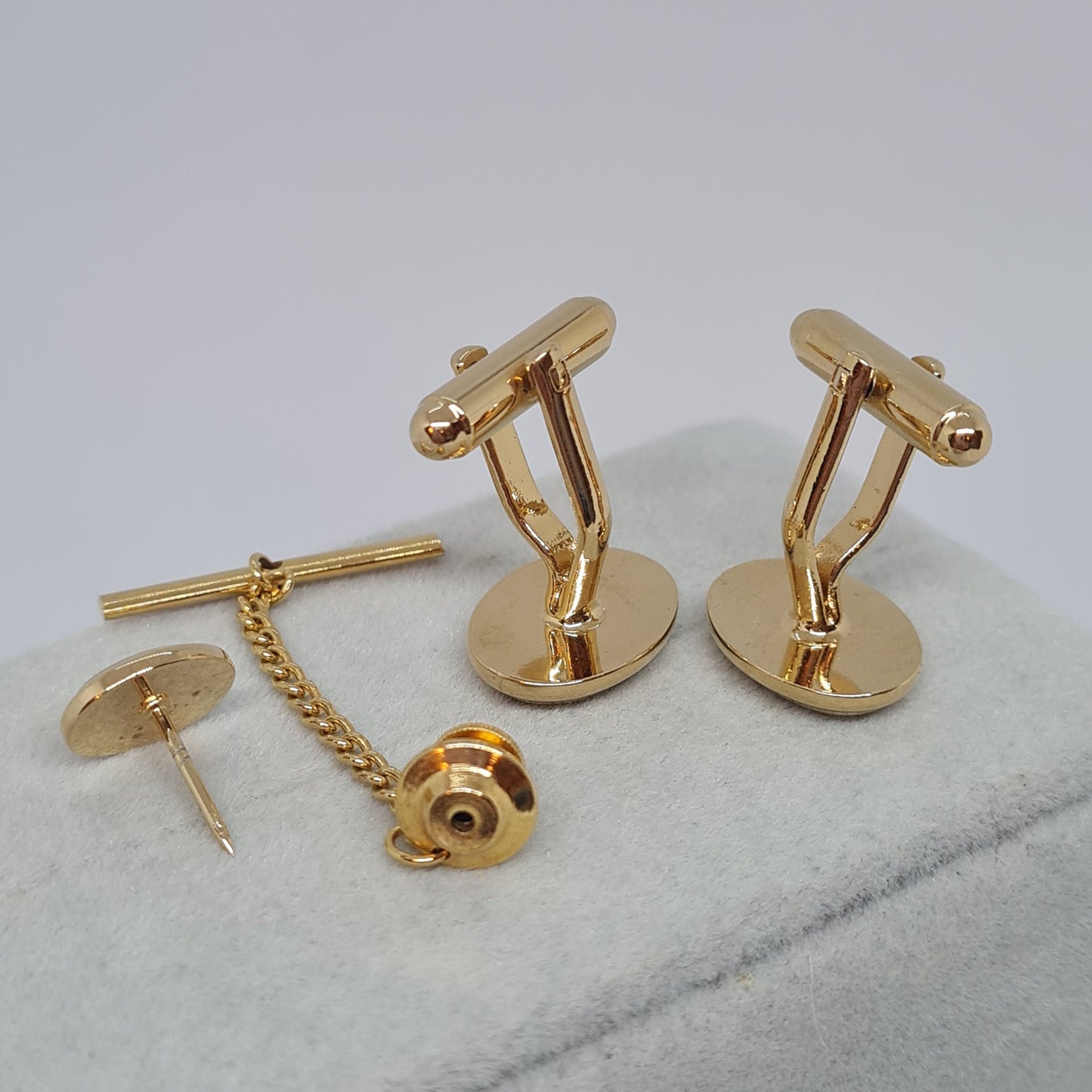 Vintage tiny cufflinks & tie tack set Gloss gold-tone oval cuff links with clear rhinestones