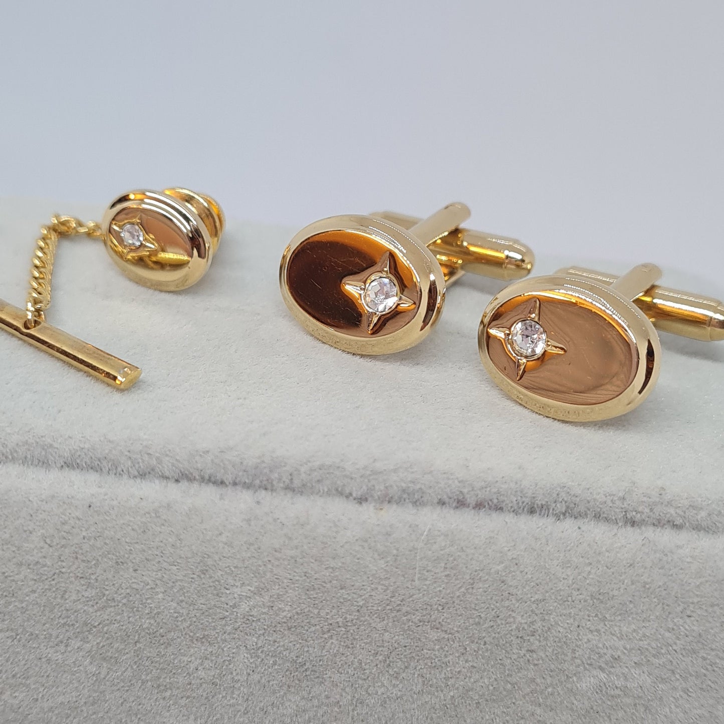 Vintage tiny cufflinks & tie tack set Gloss gold-tone oval cuff links with clear rhinestones