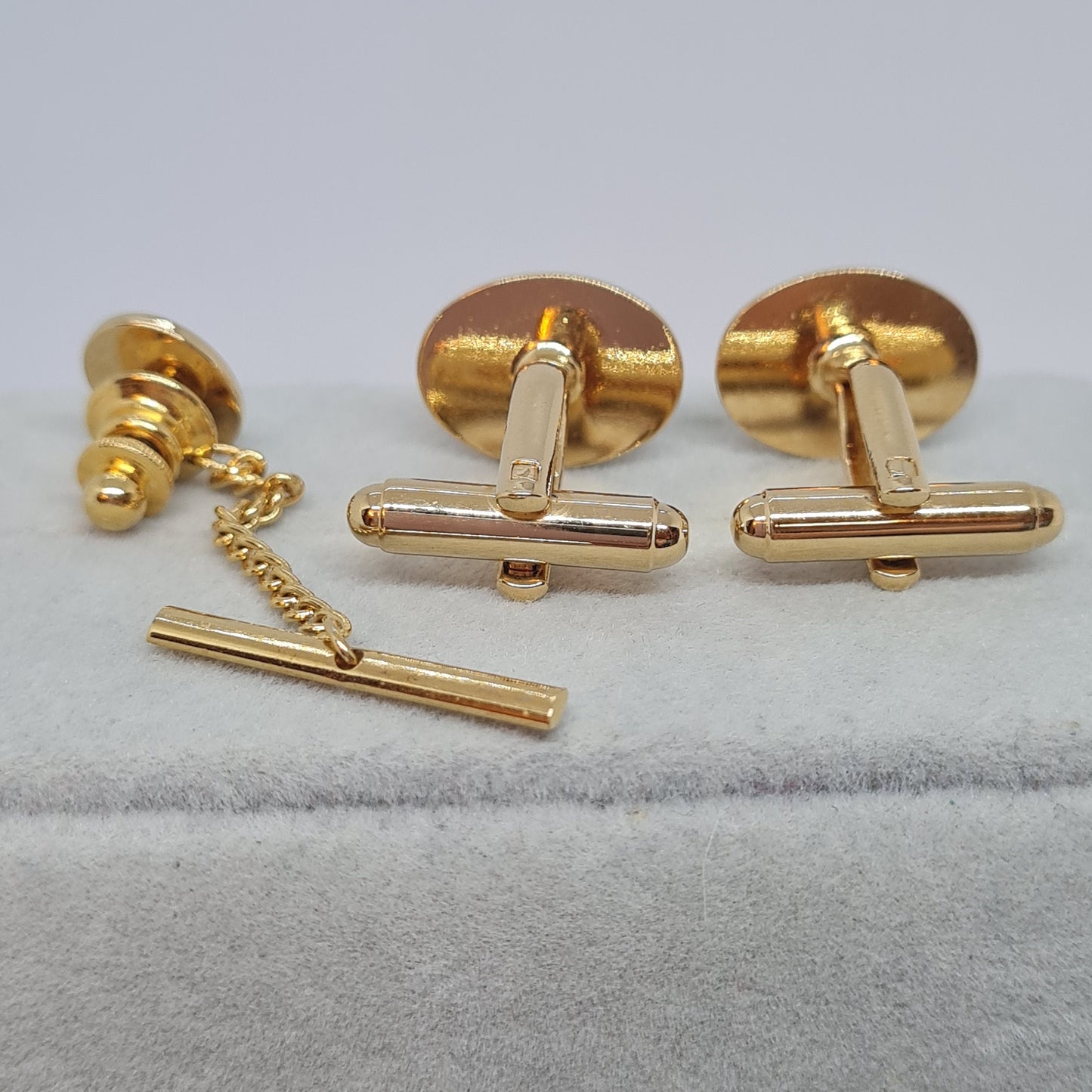 Vintage tiny cufflinks & tie tack set Gloss gold-tone oval cuff links with clear rhinestones