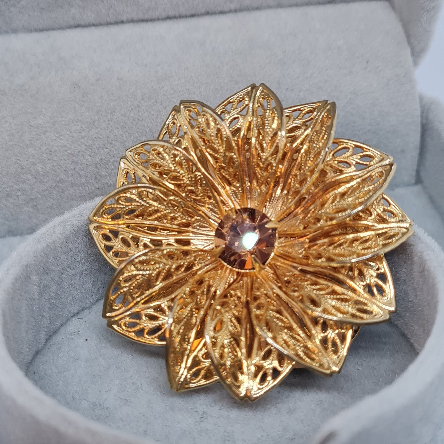 Vintage LIEBA USA scarf clip Gold tone filigree metal with brown rhinestone Floral scarf clip