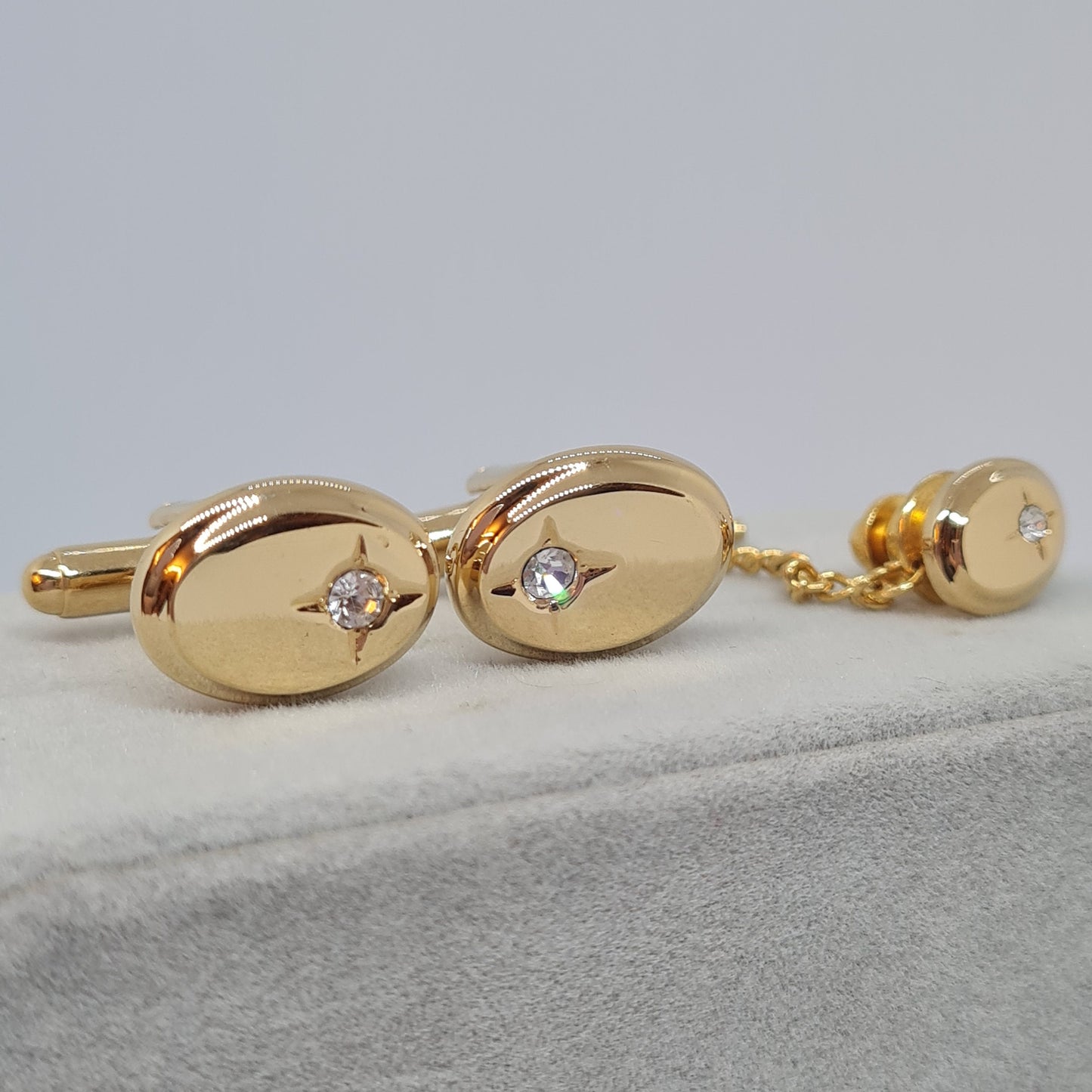 Vintage tiny cufflinks & tie tack set Gloss gold-tone oval cuff links with clear rhinestones