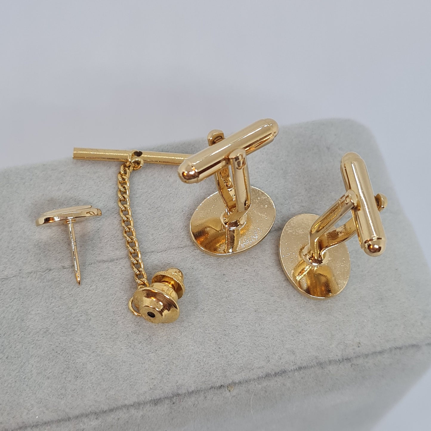 Vintage tiny cufflinks & tie tack set Gloss gold-tone oval cuff links with clear rhinestones
