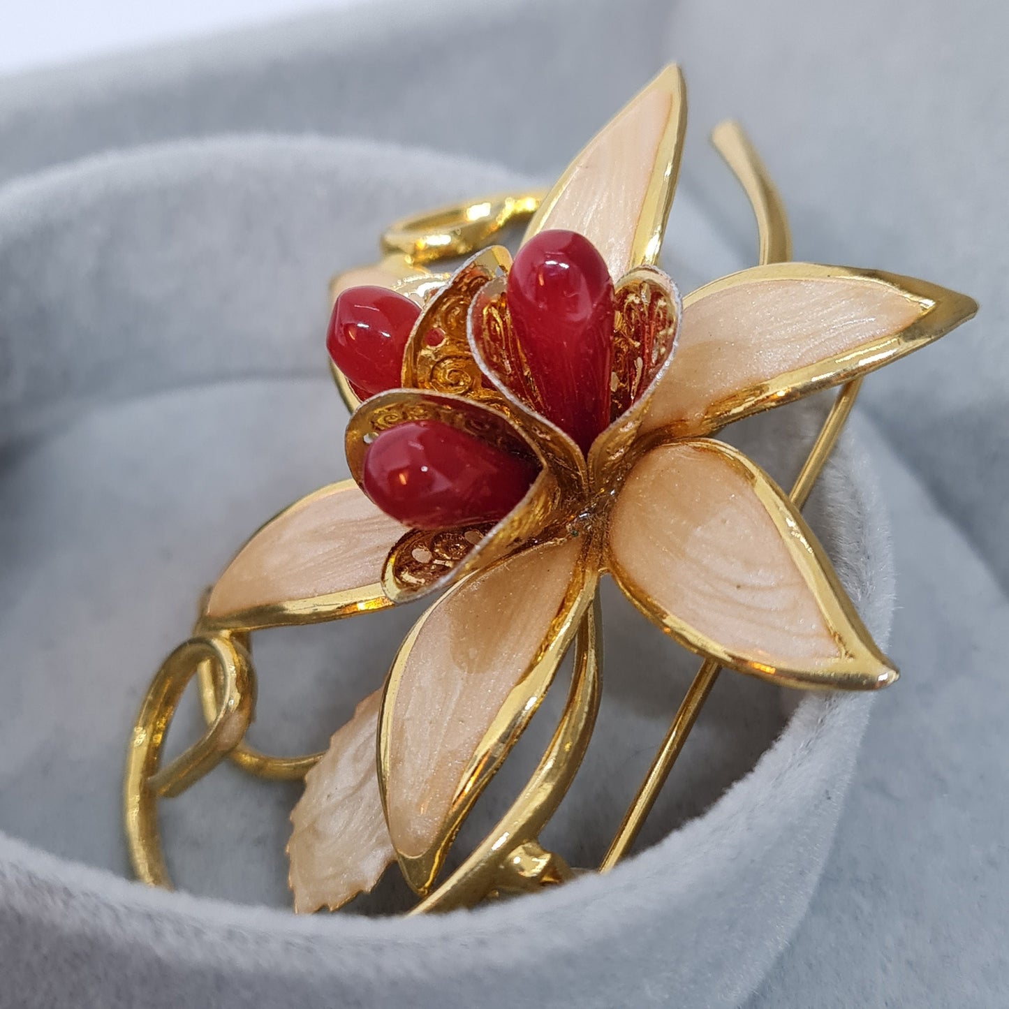 Vintage enamel flower brooch Gold tone metal with ivory enamel and red glass beads brooch Floral spray brooch pin