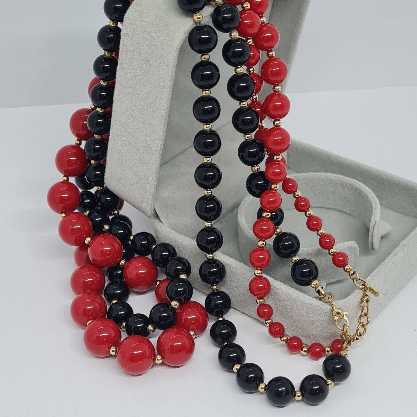 Vintage MONET necklace Black and red round plastic beads with gold tone metal details Designer plastic necklace