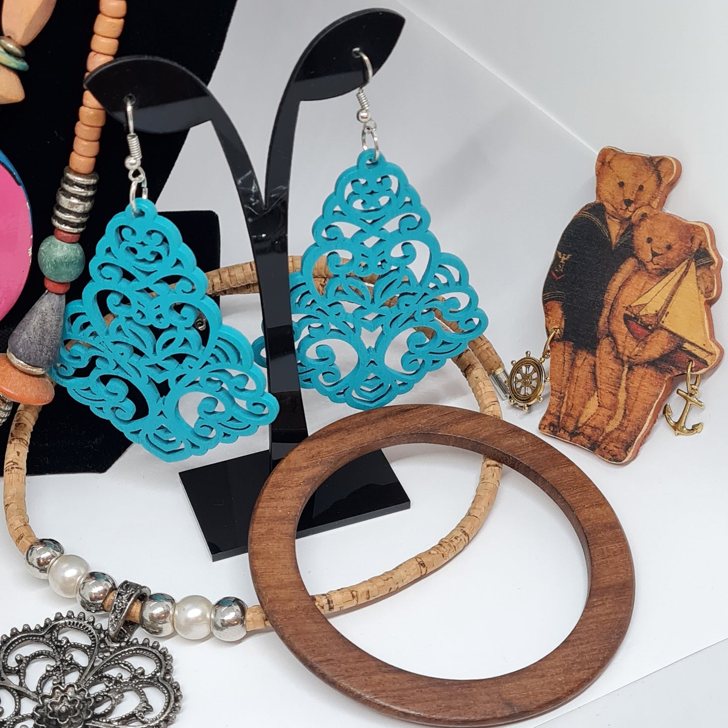 Wooden material jewelry lot Vintage to now all wearable 10 items to wear, photo session, or craft