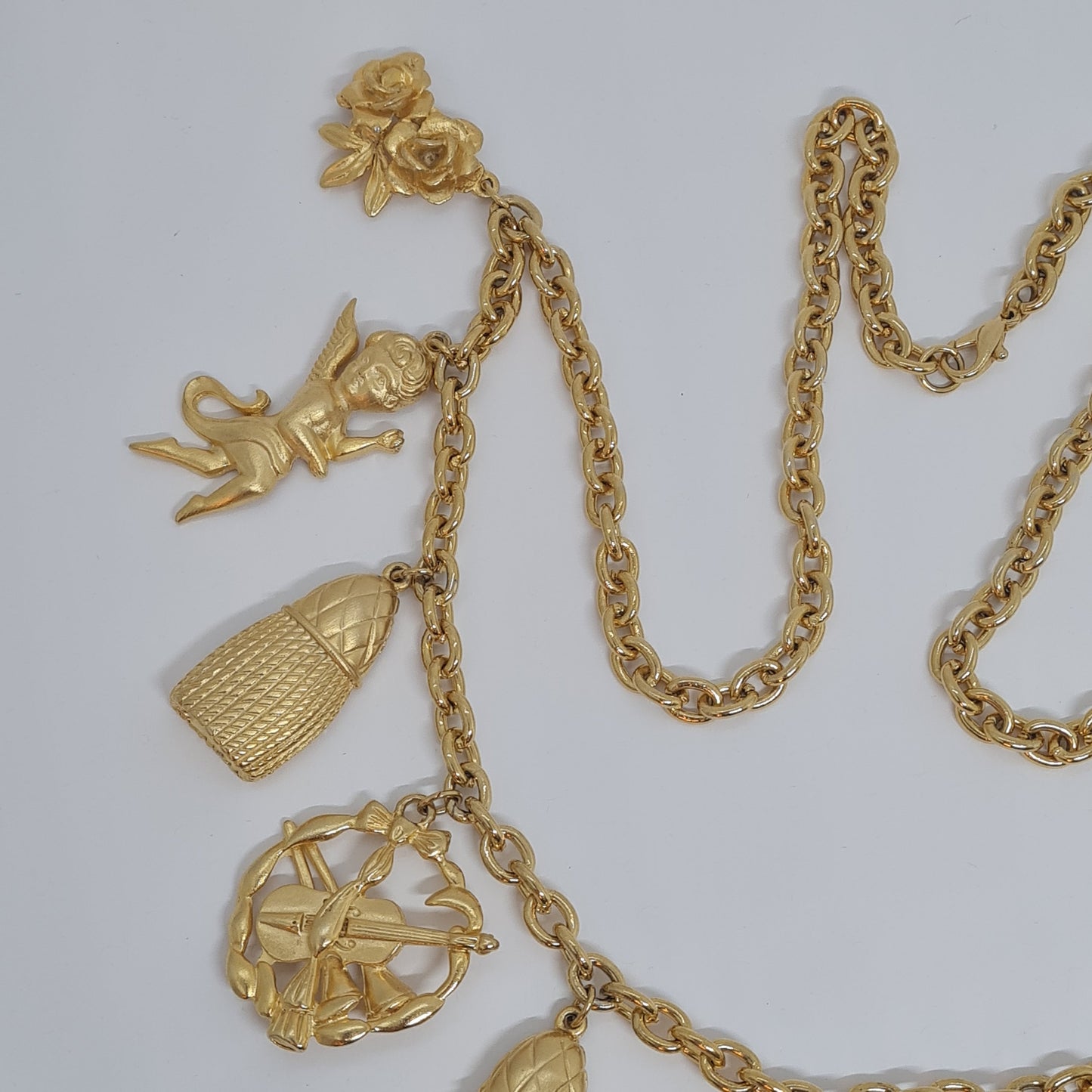 Vintage music-themed pendant necklace Gold-tone metal chain with Arfa, tassel, mask, violin pendants Original pendant necklace