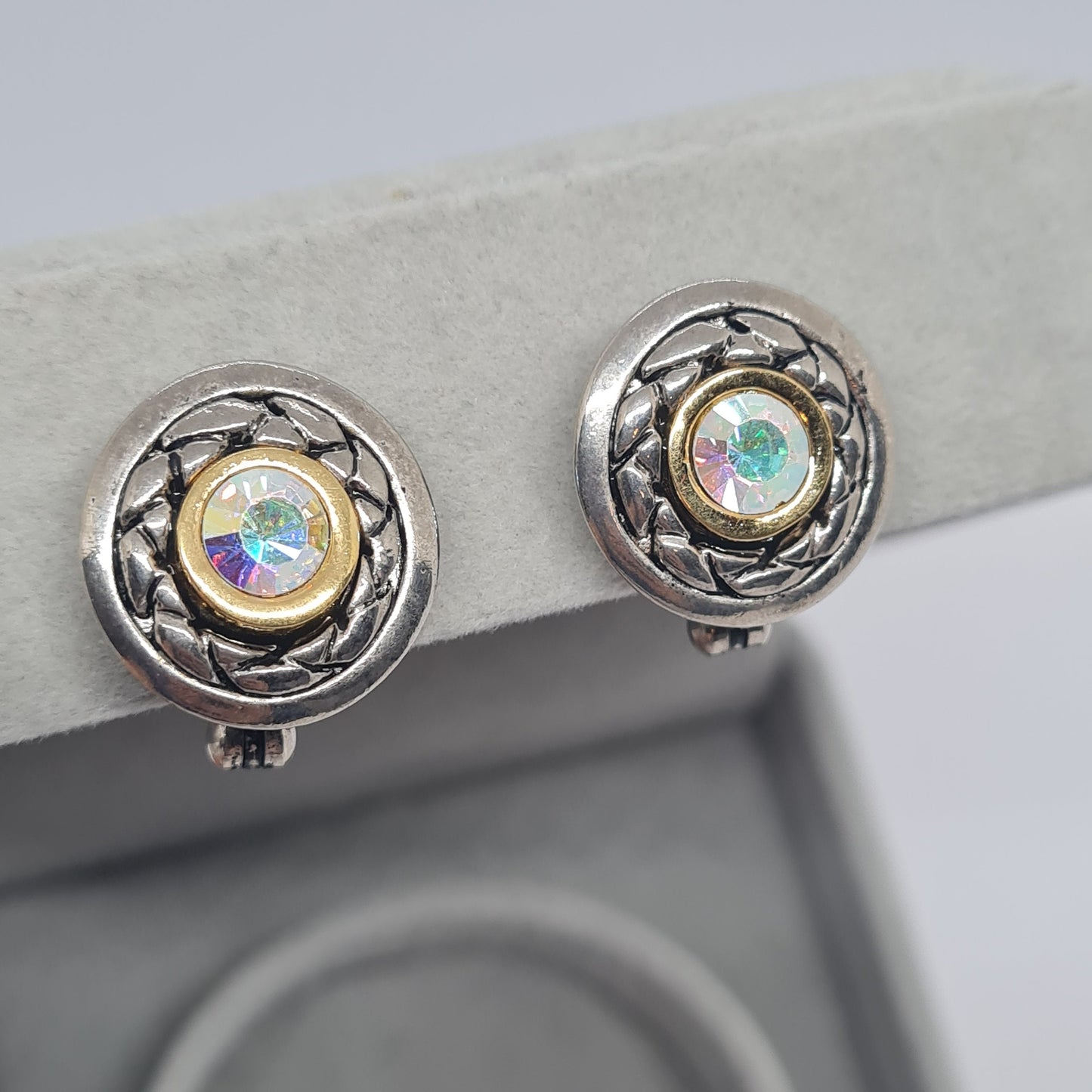 Vintage PREMIER DESIGNS clip-on earrings Silver tone textured circle clip earrings with AB rhinestone