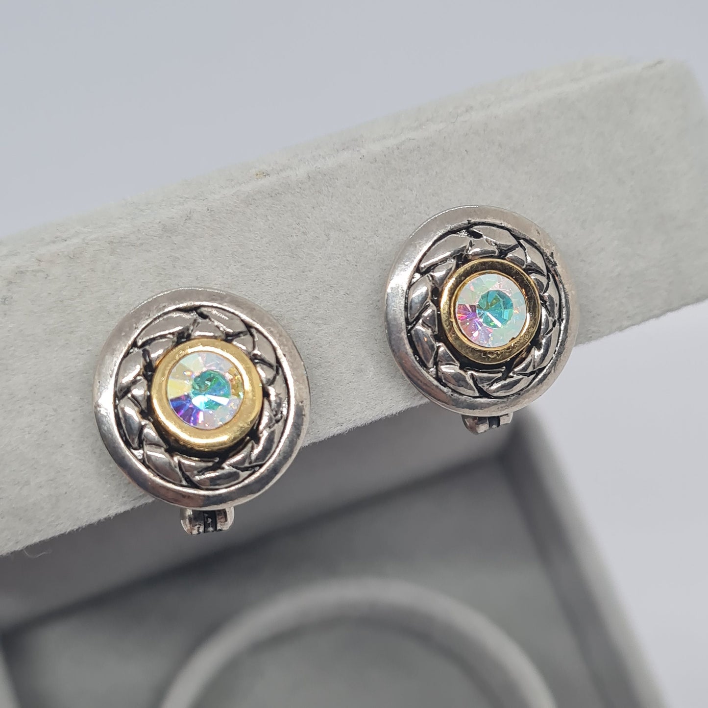 Vintage PREMIER DESIGNS clip-on earrings Silver tone textured circle clip earrings with AB rhinestone