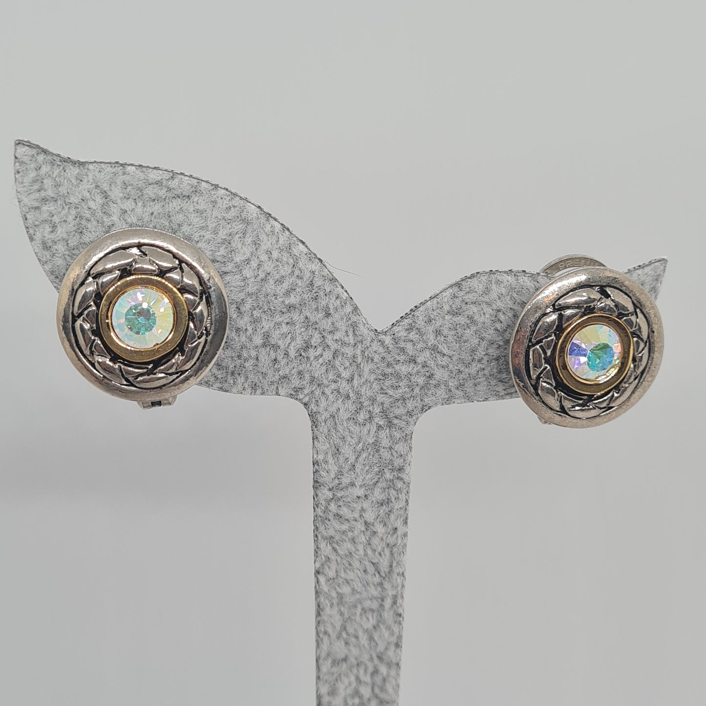 Vintage PREMIER DESIGNS clip-on earrings Silver tone textured circle clip earrings with AB rhinestone
