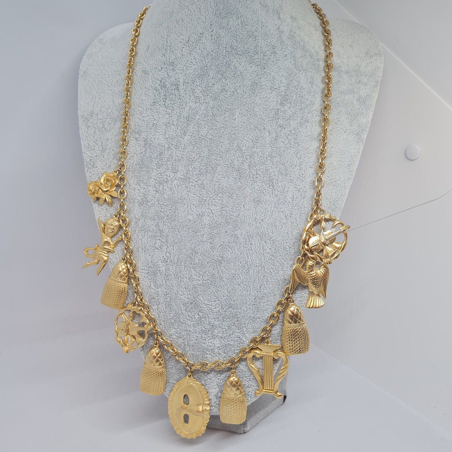 Vintage music-themed pendant necklace Gold-tone metal chain with Arfa, tassel, mask, violin pendants Original pendant necklace