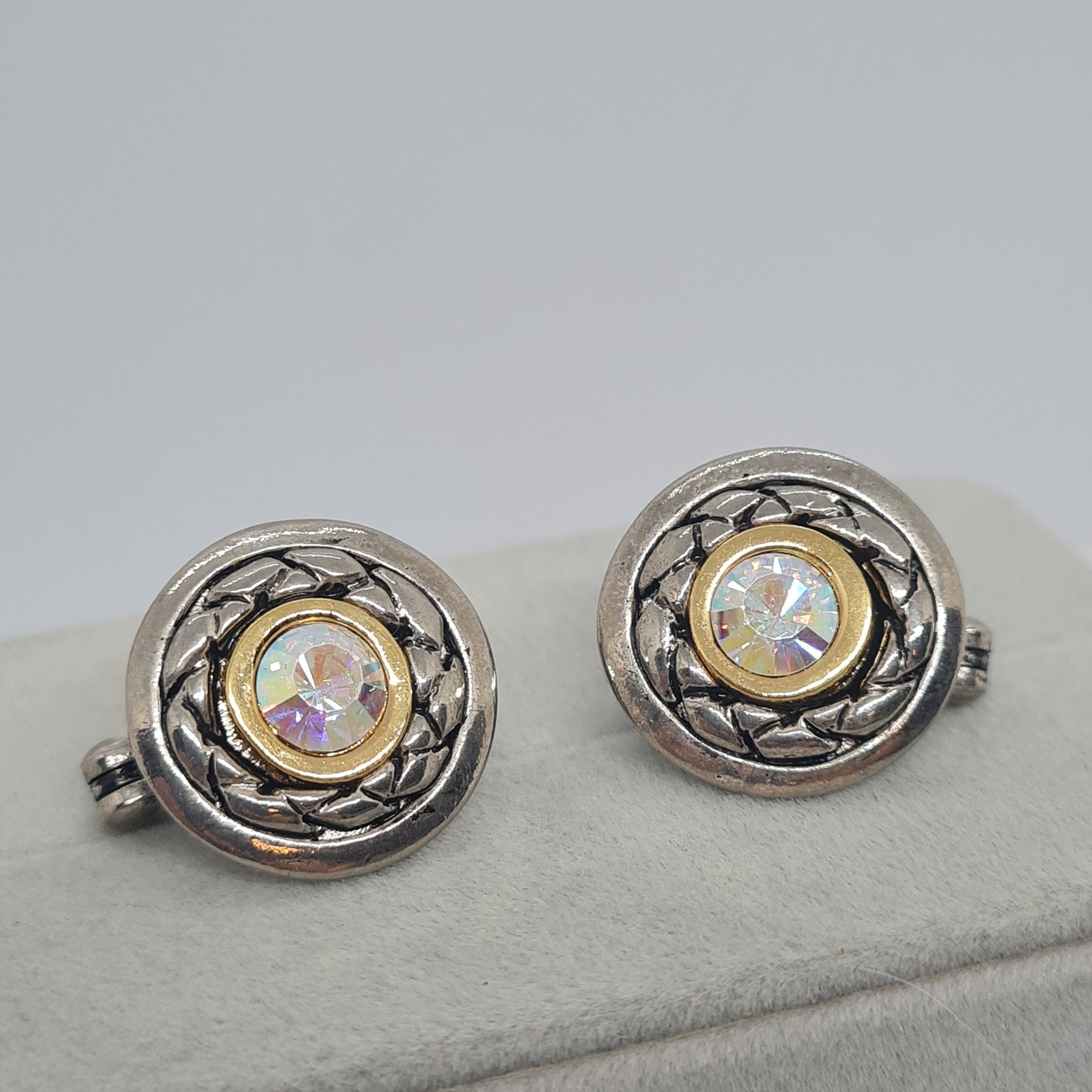 Vintage PREMIER DESIGNS clip-on earrings Silver tone textured circle clip earrings with AB rhinestone