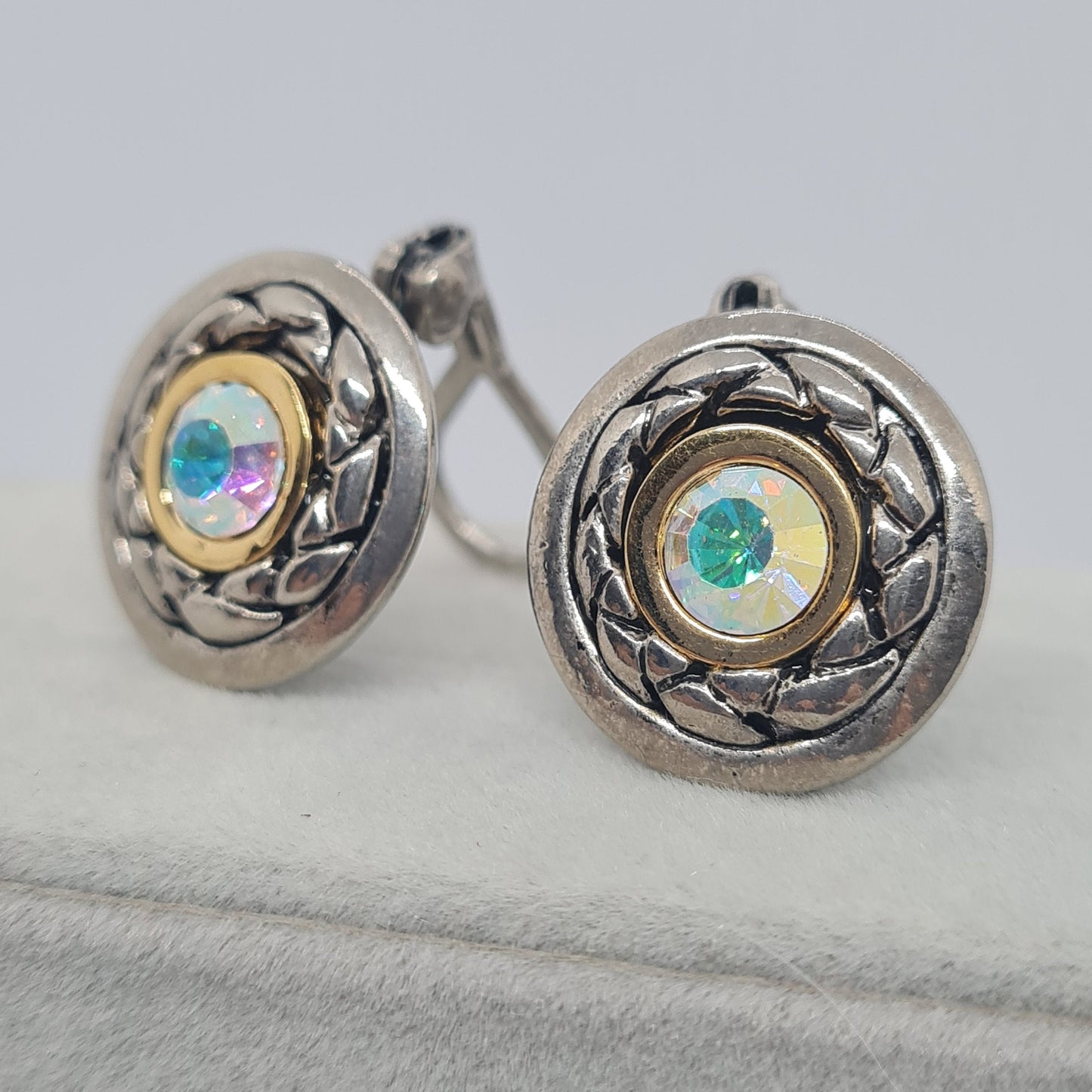 Vintage PREMIER DESIGNS clip-on earrings Silver tone textured circle clip earrings with AB rhinestone