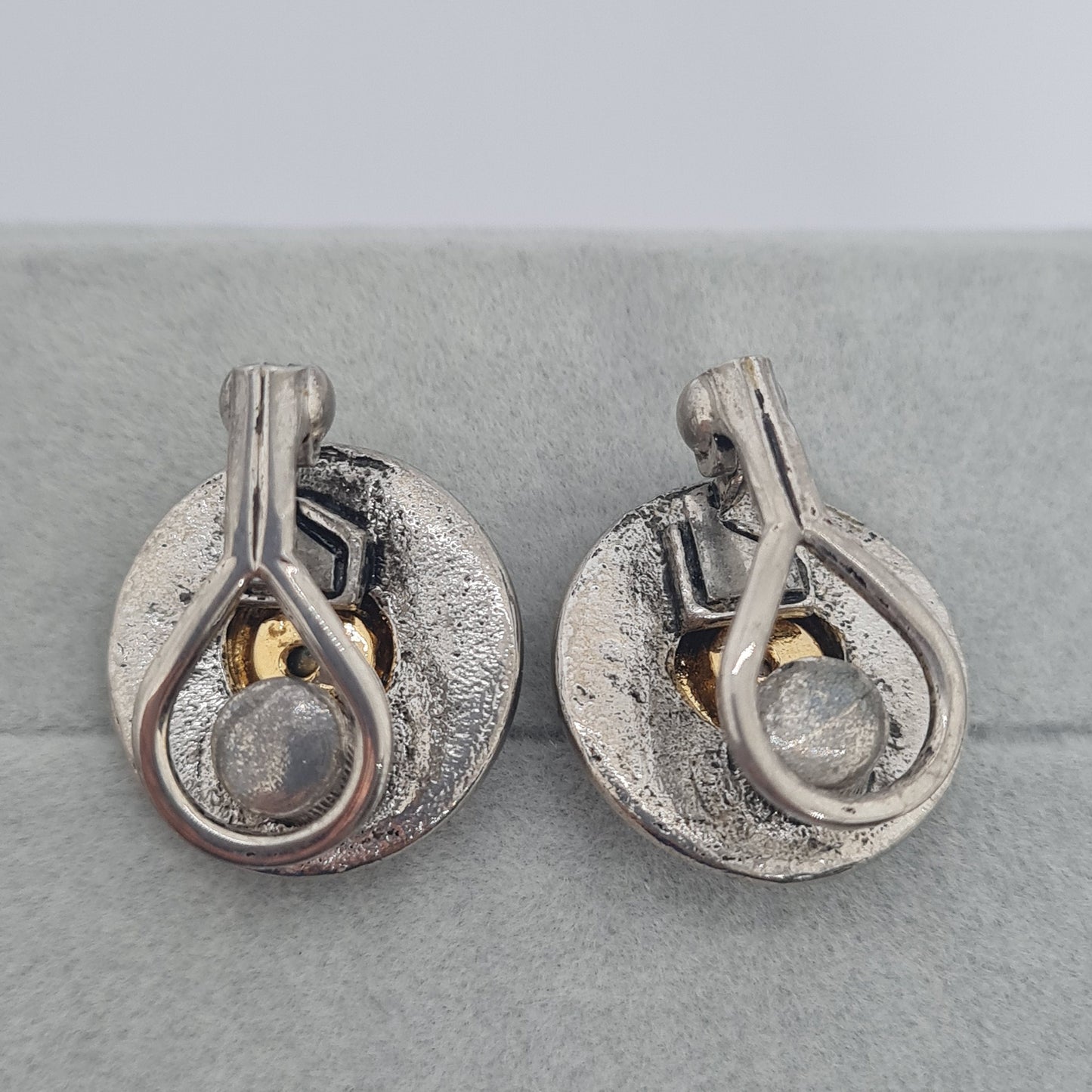 Vintage PREMIER DESIGNS clip-on earrings Silver tone textured circle clip earrings with AB rhinestone