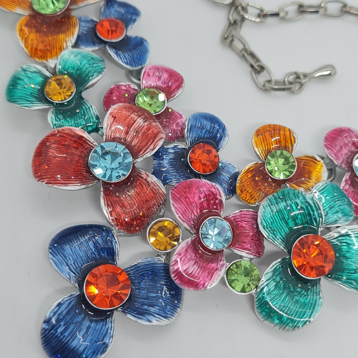 Vintage floral enamel necklace Silver tone chain with colorful enamel links Colorful rhinestone choker necklace