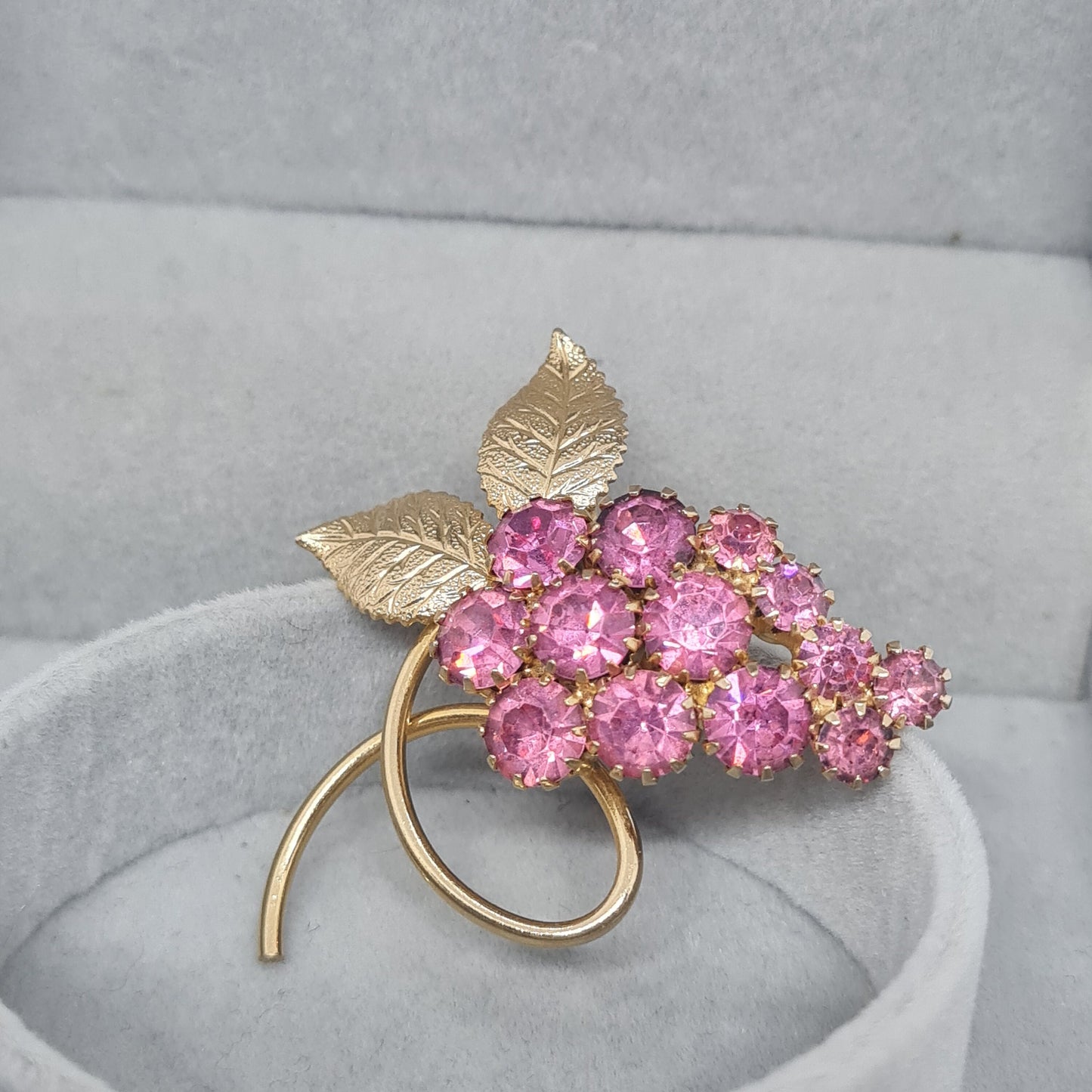 Vintage bunch of grape rhinestone brooch Gold tone floral brooch with pink rhinestones