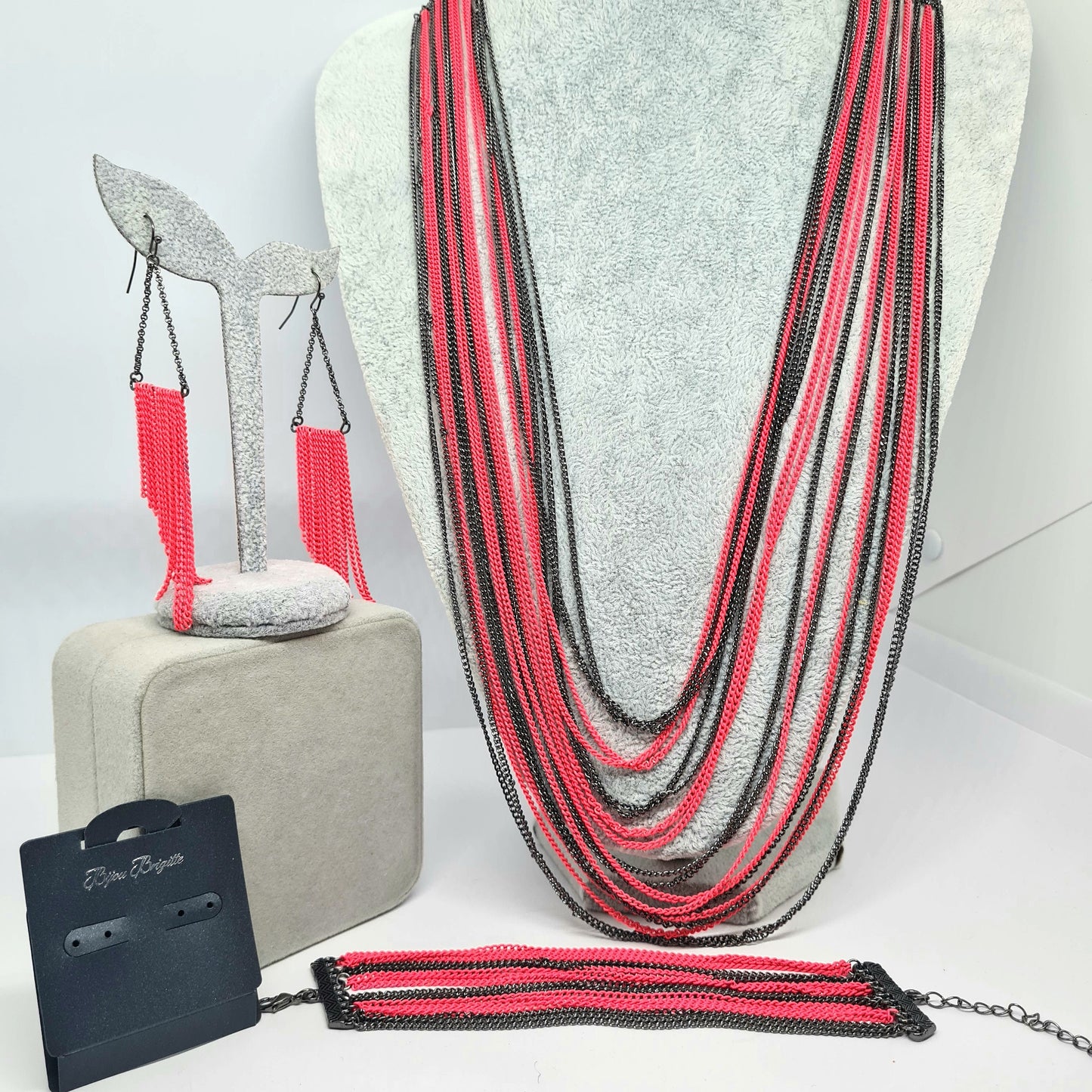 Vintage BIJOU BRIGITTE jewelry set Pink and black tone chain necklace, earrings, and bracelet set