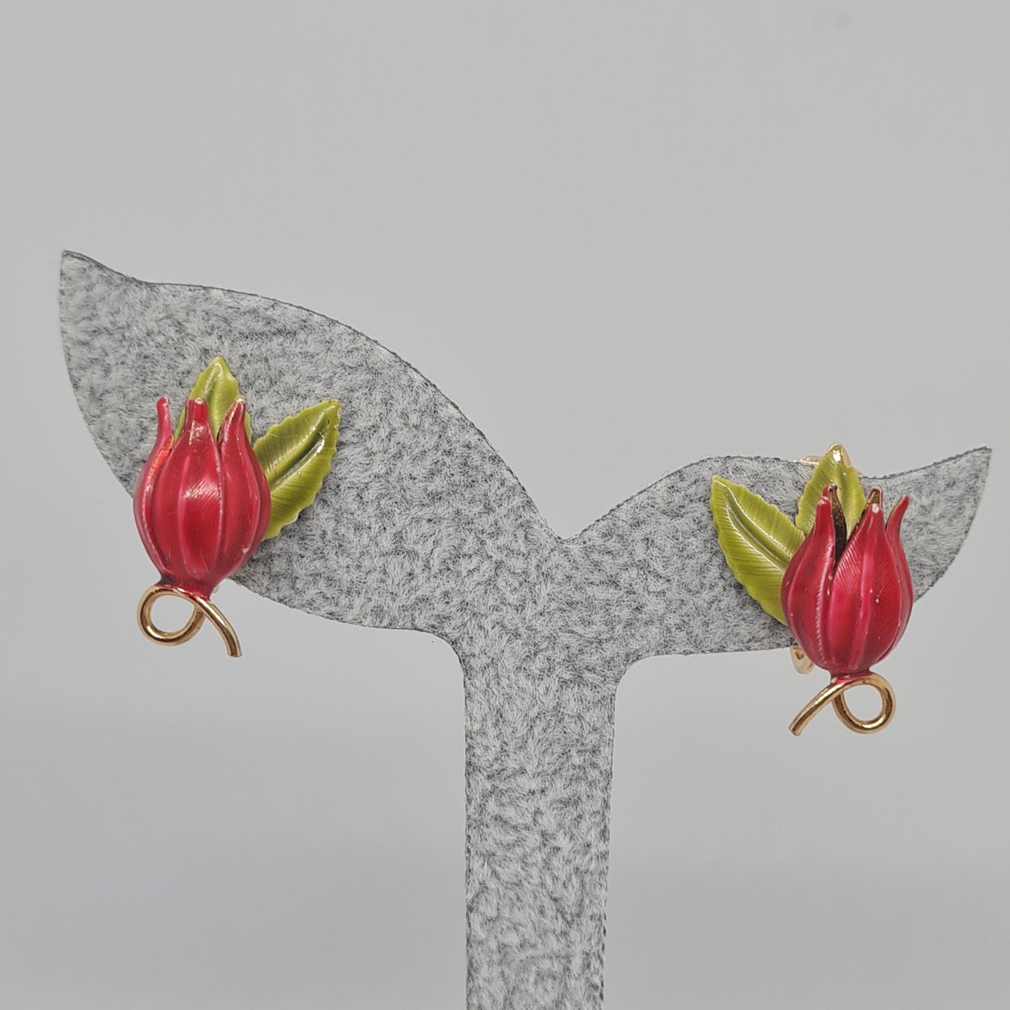 Vintage tulip clip-on earrings Gold tone metal with pink and green enamel floral clip earrings