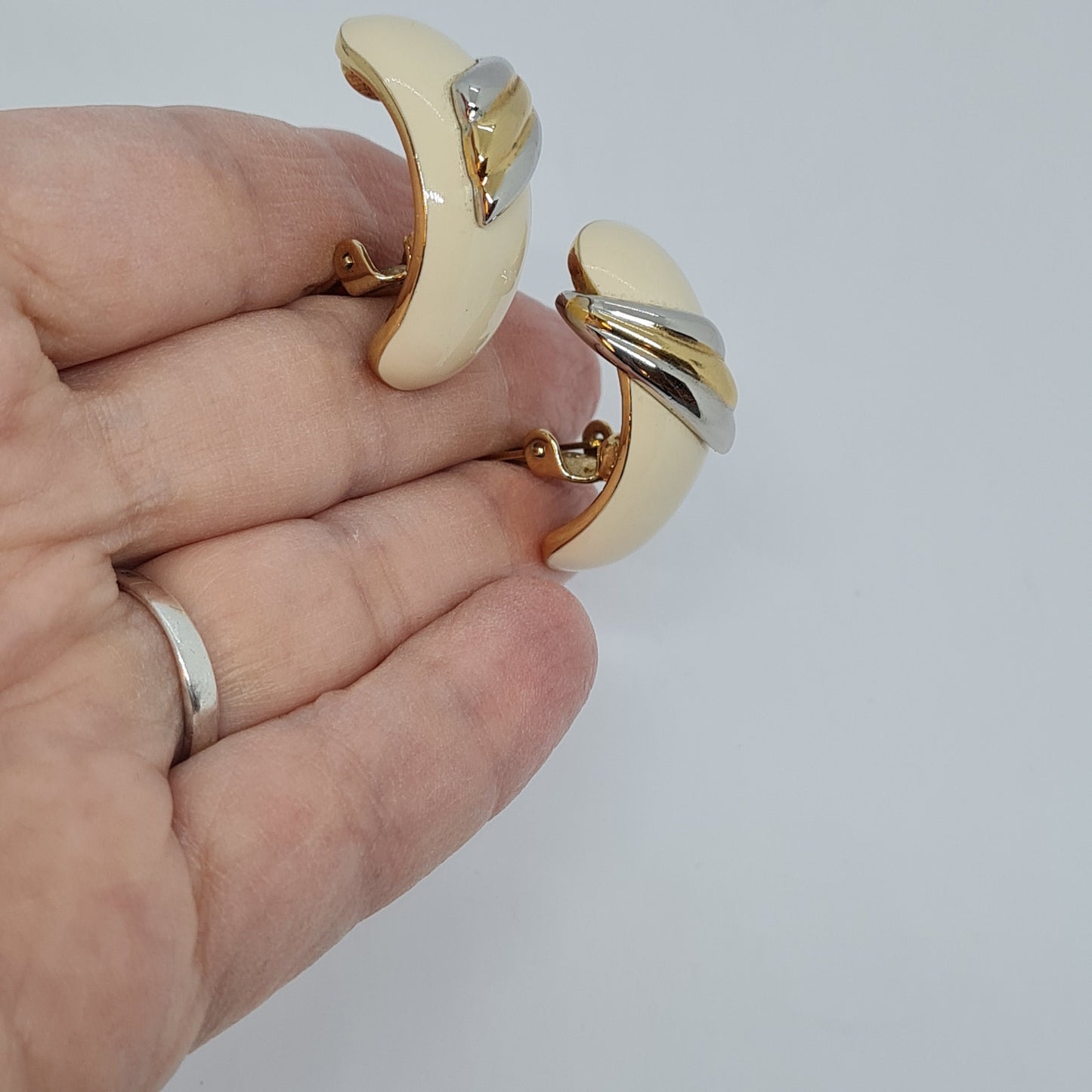 Vintage enamel clip earrings Two tone metal with ivory enamel hoop clip on earrings