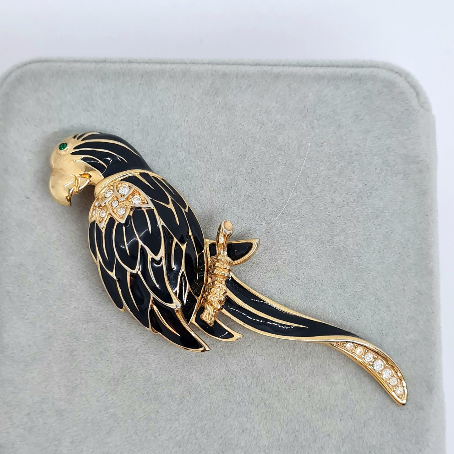 Vintage SWAROVSKI brooch parrot Gold tone metal with black enamel and rhinestones Designer bird brooch pin Christmas gift