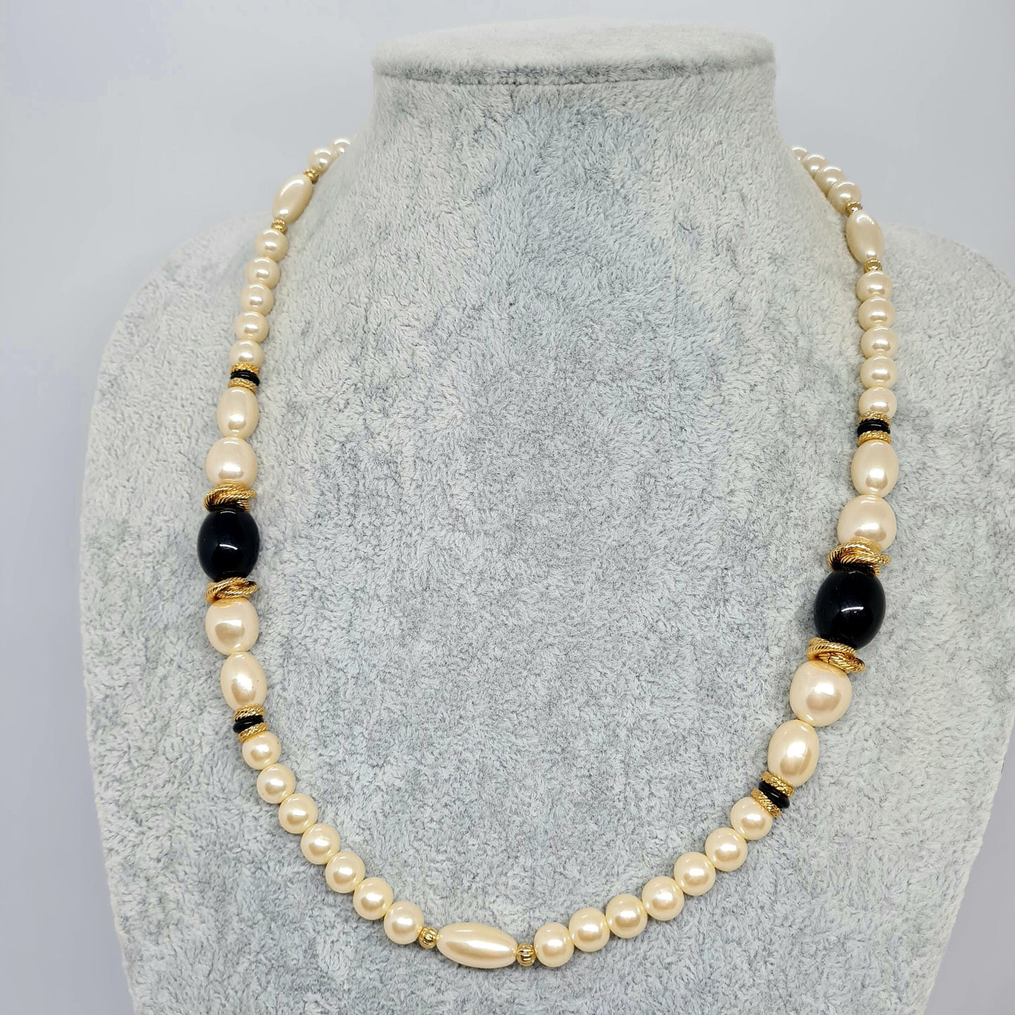 Vintage pearl necklace Off white pearl imitation beads with black and gold tone details Plastic pearl necklace for Mother