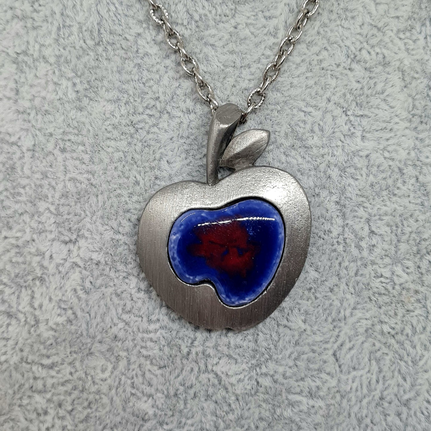 GOLD CROWN Inc apple pendant necklace vintage Silver tone chain and pendant with matte metal and ceramic Gift for teacher