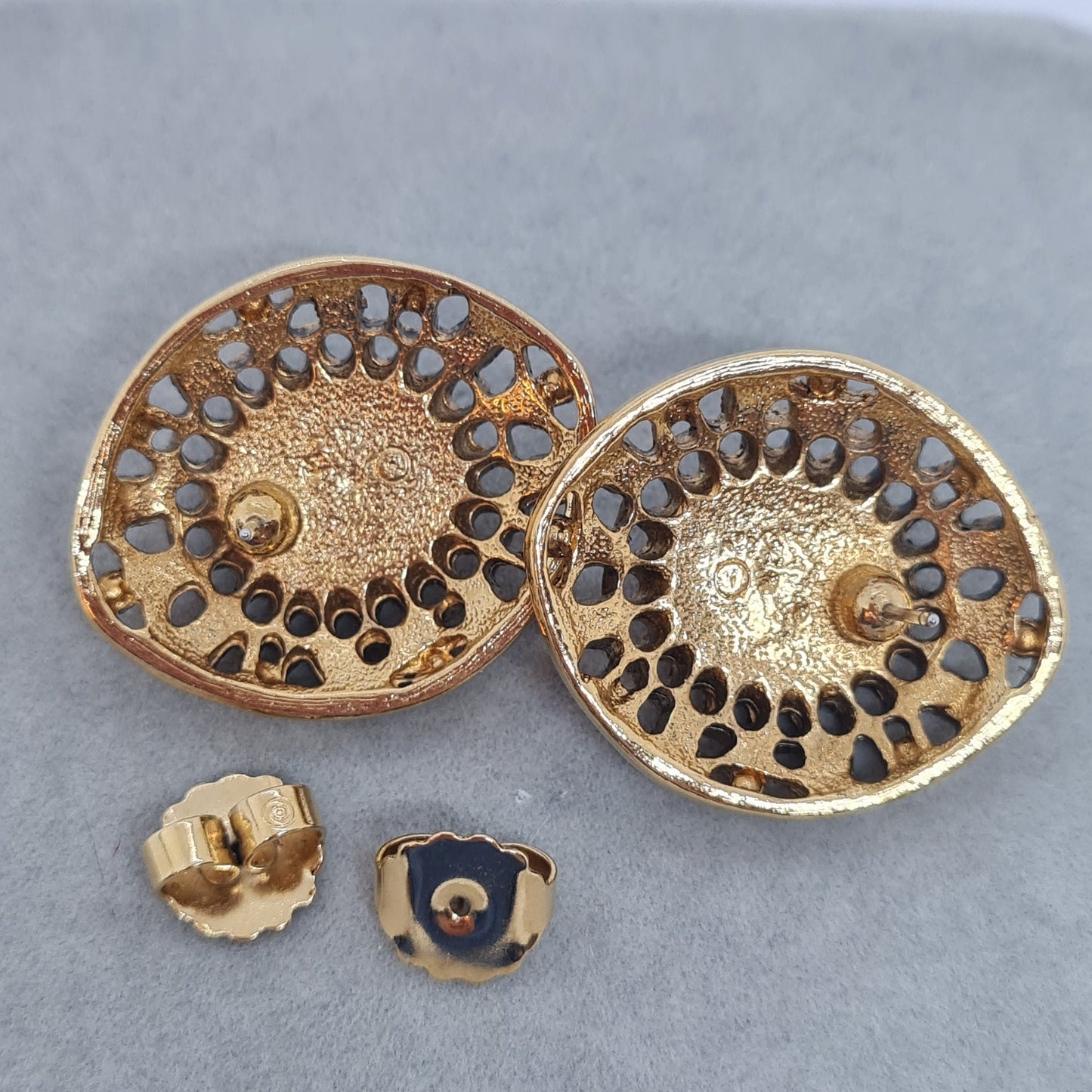 Vintage AVON earrings Gold tone metal with faux pearl cabochon Designer large stud earrings