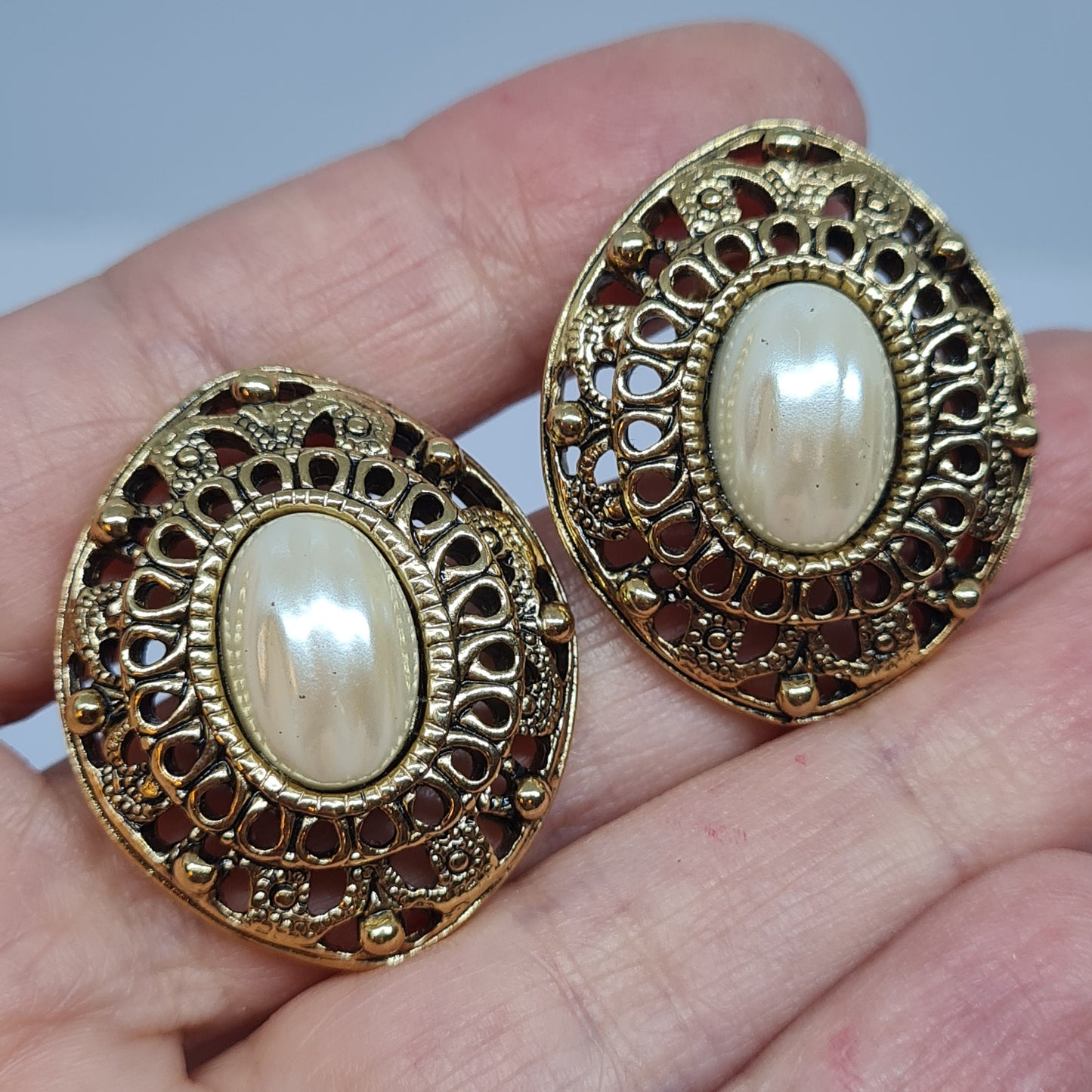 Vintage AVON earrings Gold tone metal with faux pearl cabochon Designer large stud earrings