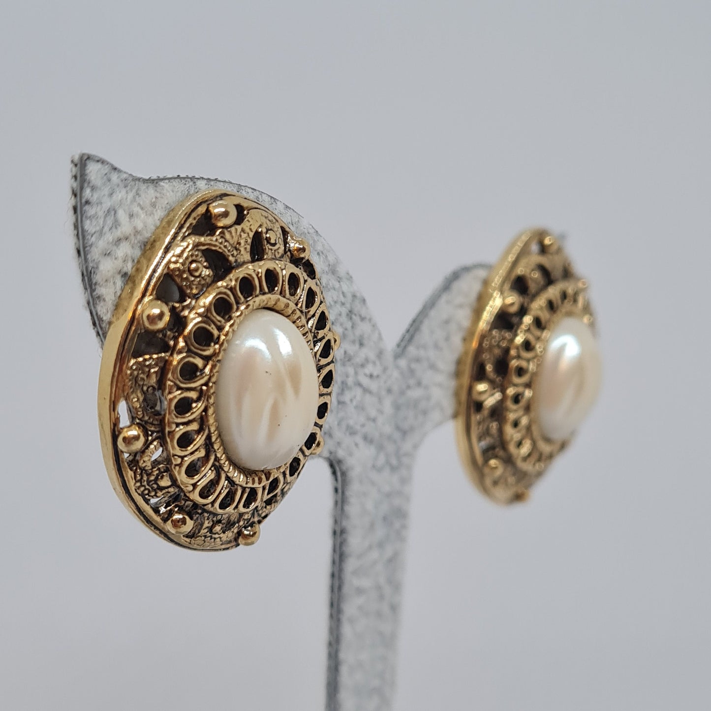 Vintage AVON earrings Gold tone metal with faux pearl cabochon Designer large stud earrings