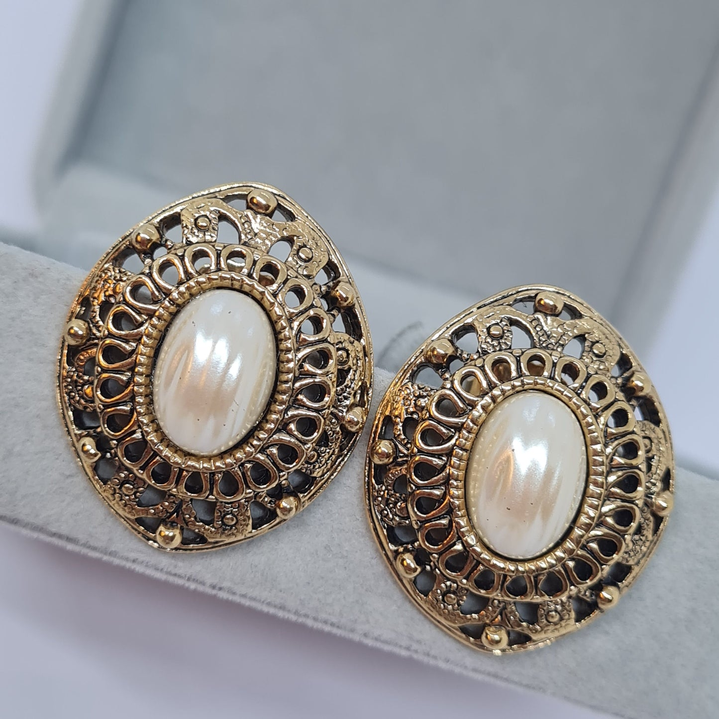 Vintage AVON earrings Gold tone metal with faux pearl cabochon Designer large stud earrings