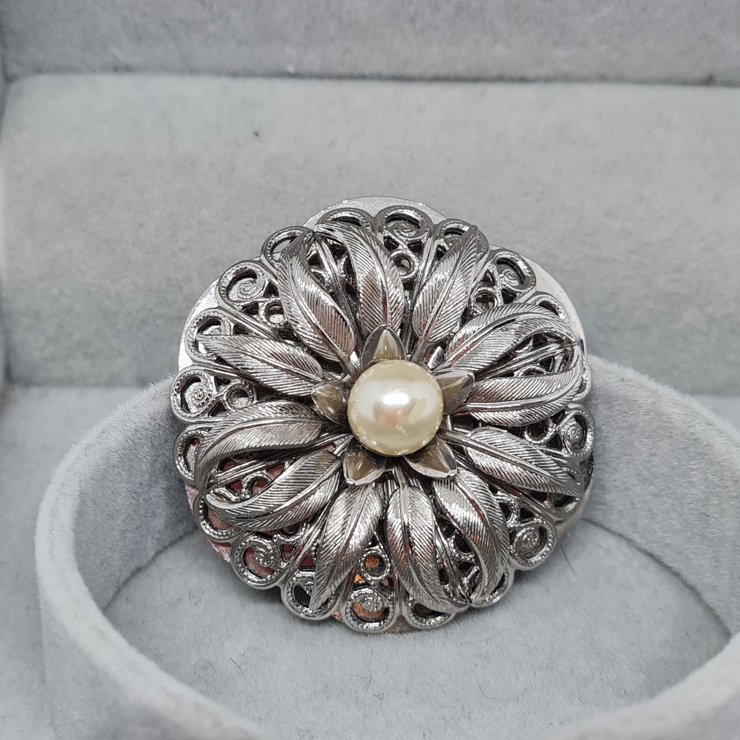 Vintage LIEBA USA scarf clip Silver tone filigree metal with clear rhinestone Floral scarf clip