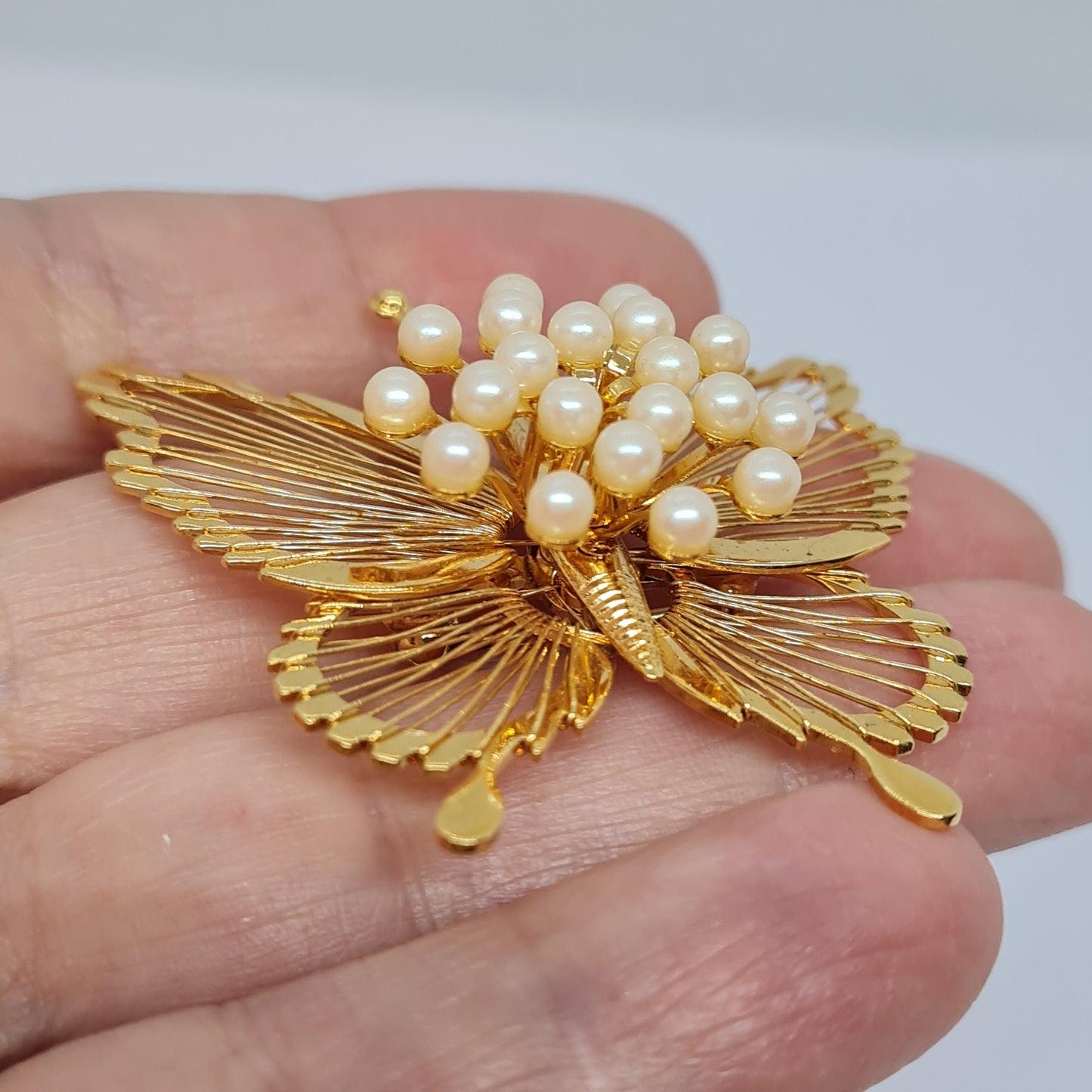 Vintage MONET butterfly brooch Gold tone metal with faux pearl beads butterfly brooch pin
