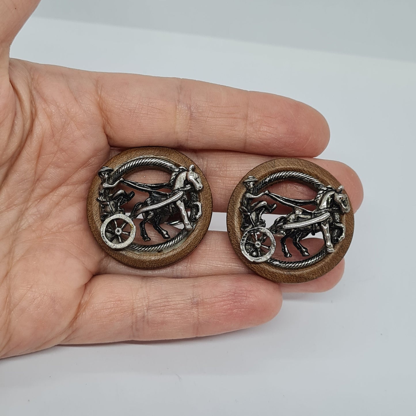 Vintage SWANK cuff links Silver tone metal with wood circle cuff links Designer cufflinks with a man driving a horse drawn carriage
