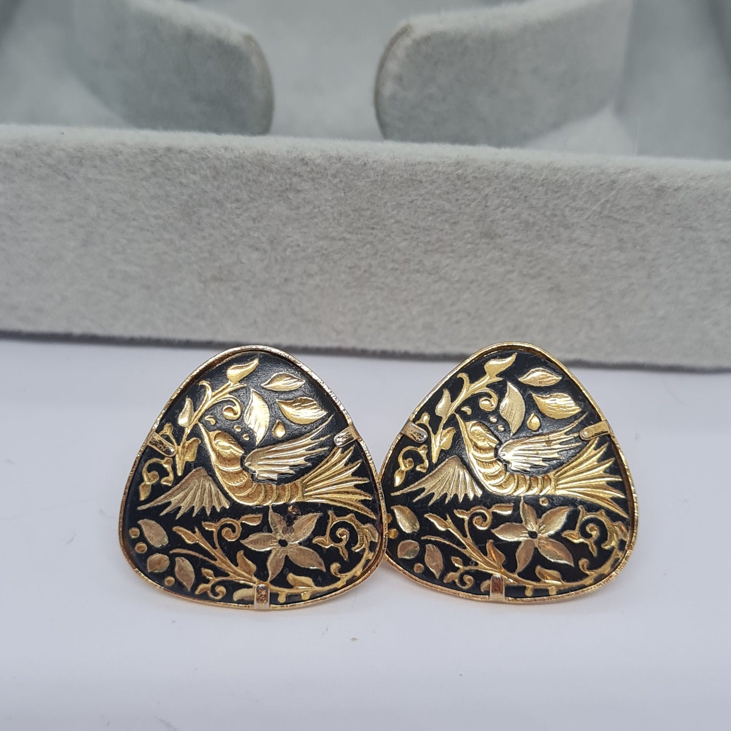 Vintage damascene triangle earrings Gold tone metal with black enamel bird stud earrings