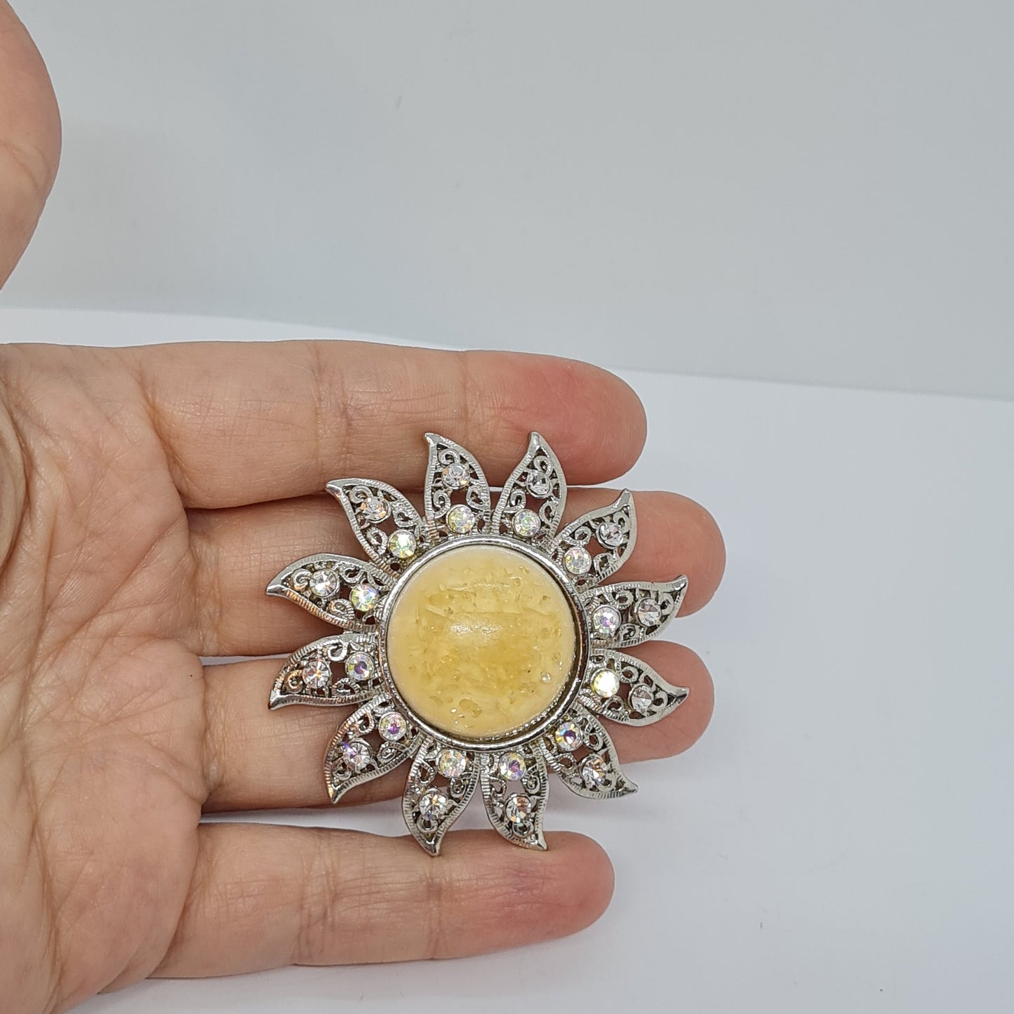 Vintage sunflower brooch Silver tone metal with plastic cabochon and AB rhinestones brooch pin