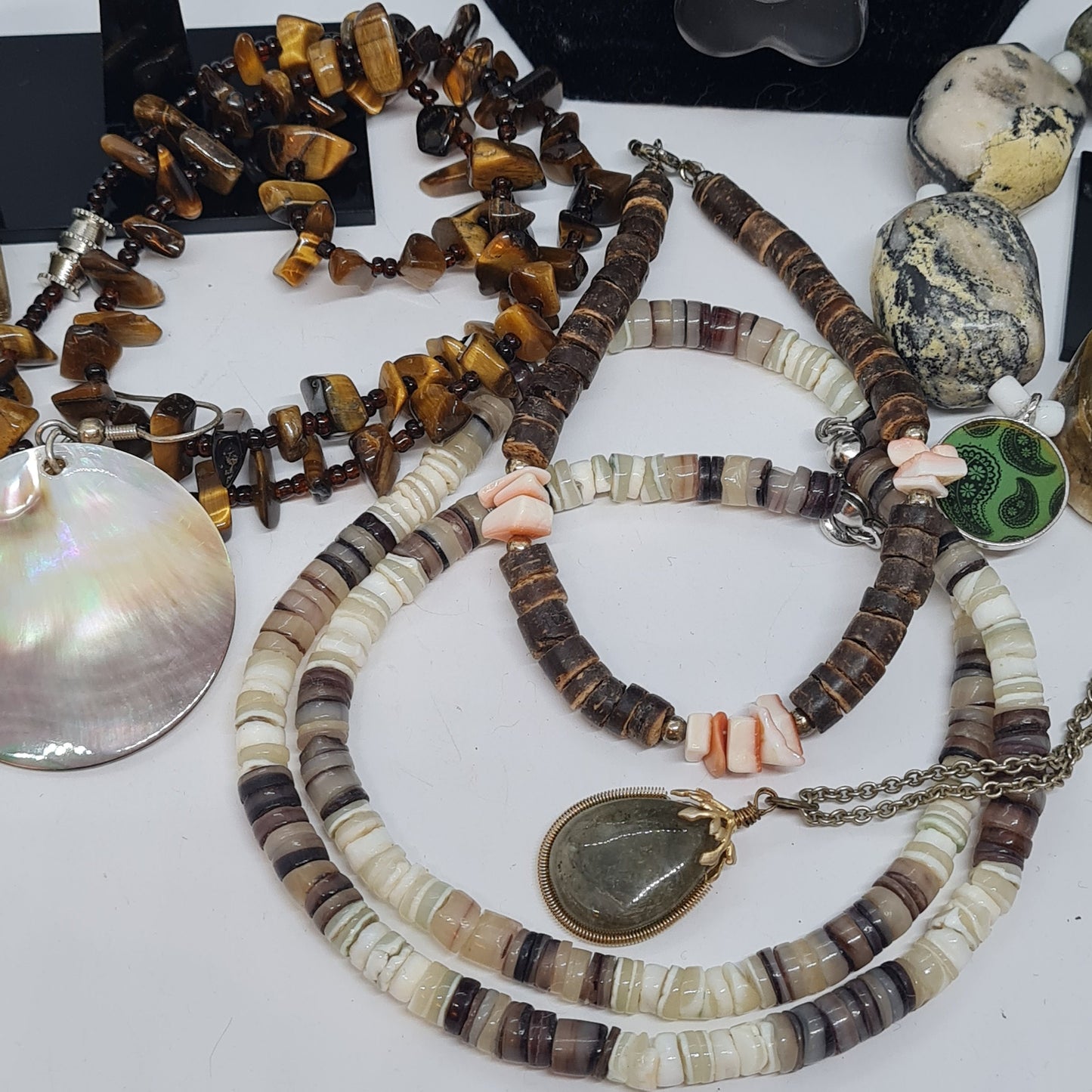 Natural gemstone jewelry lot Vintage Tiger Eye seashell jewelry to now all wearable 13 items to wear, photo session, or craft