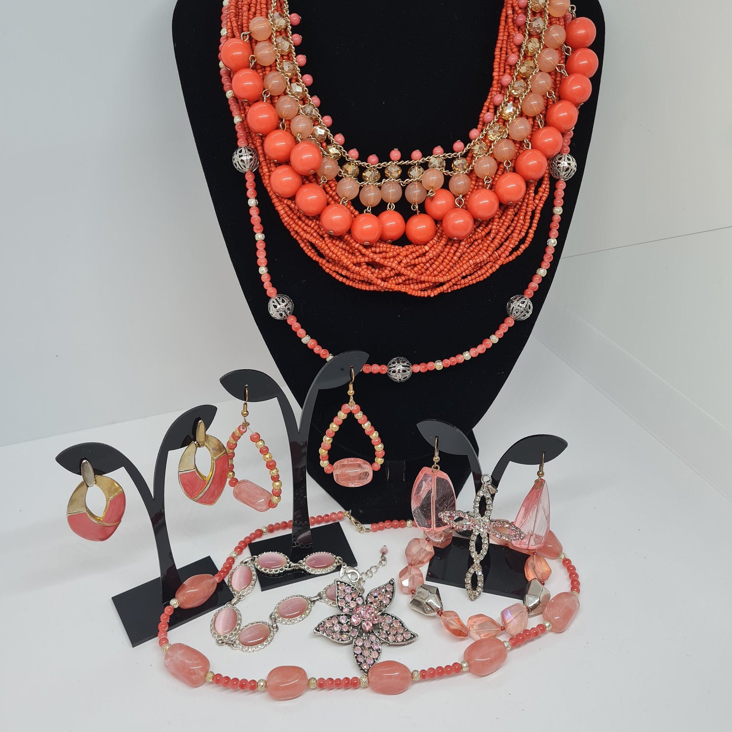Pink and orange tone jewelry lot Vintage to now all wearable 11 items for wear, photo session, or craft