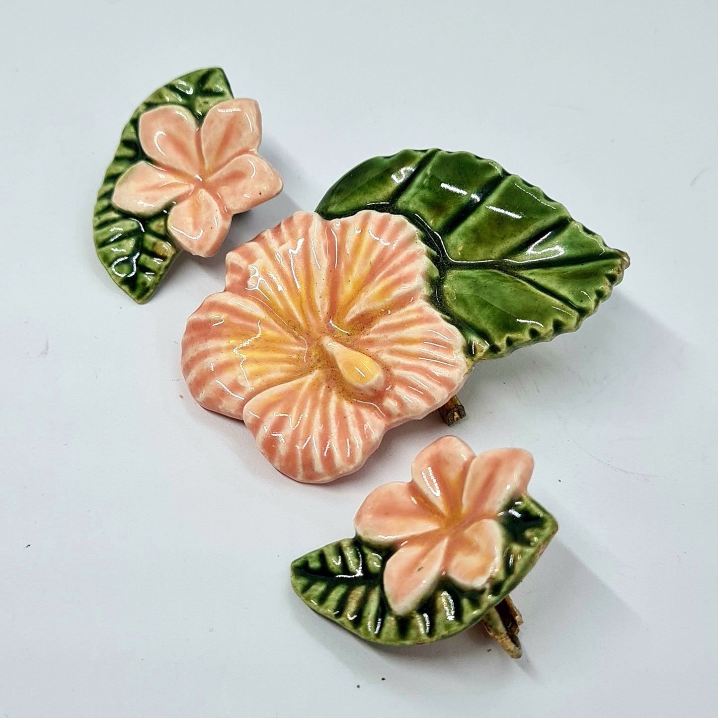 Vintage brooch set Silver tone earrings Pink moon glow brooch