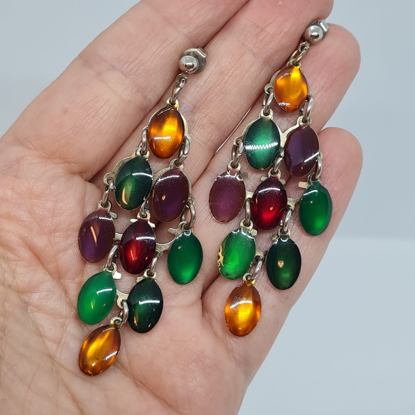 Vintage waterfall earrings Silver tone metal with multicolor lucite Dangle earrings for summer