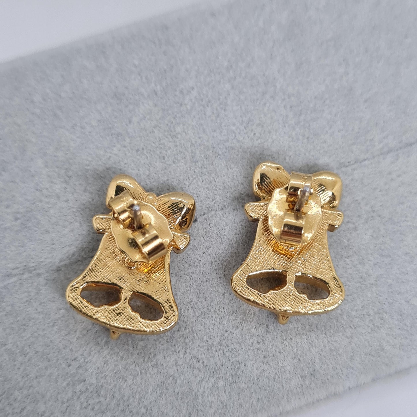 Vintage AVON jingle bell earrings 1991 Gold-tone metal with red and clear rhinestones Tiny stud earrings for Christmas