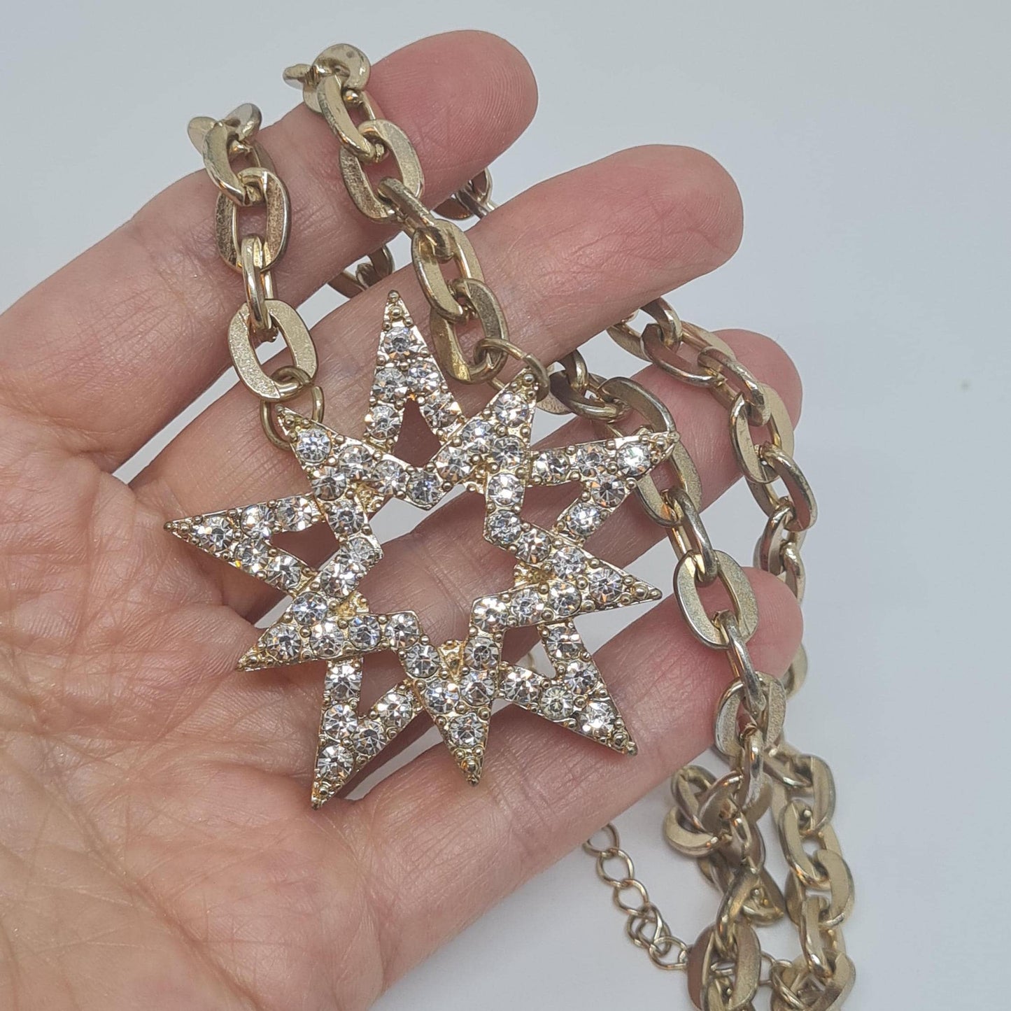 Vintage pendant necklace, Gold-tone chunky chain with rhinestone star pendant