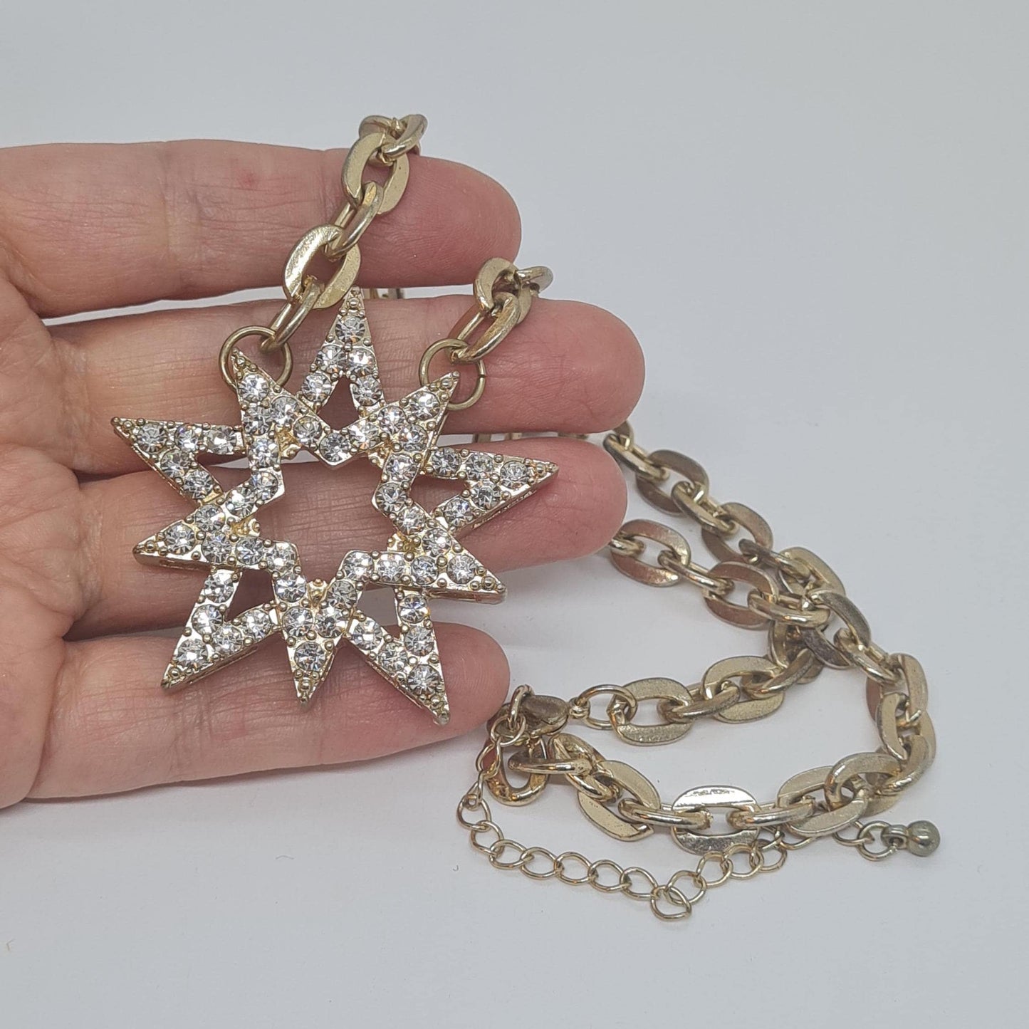 Vintage pendant necklace, Gold-tone chunky chain with rhinestone star pendant