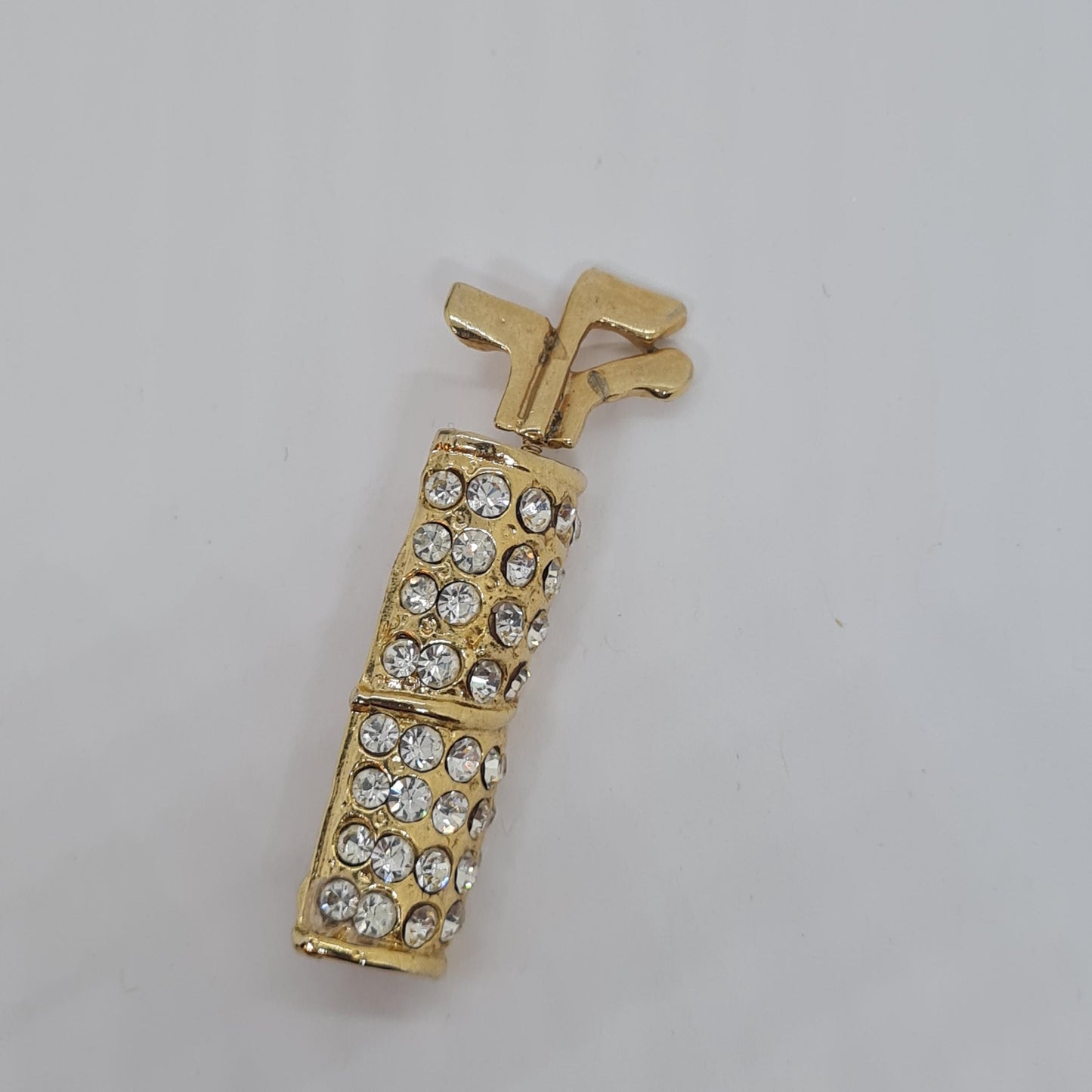 Vintage golf bag brooch, Gold-tone metal golfers brooch pin with trumbler