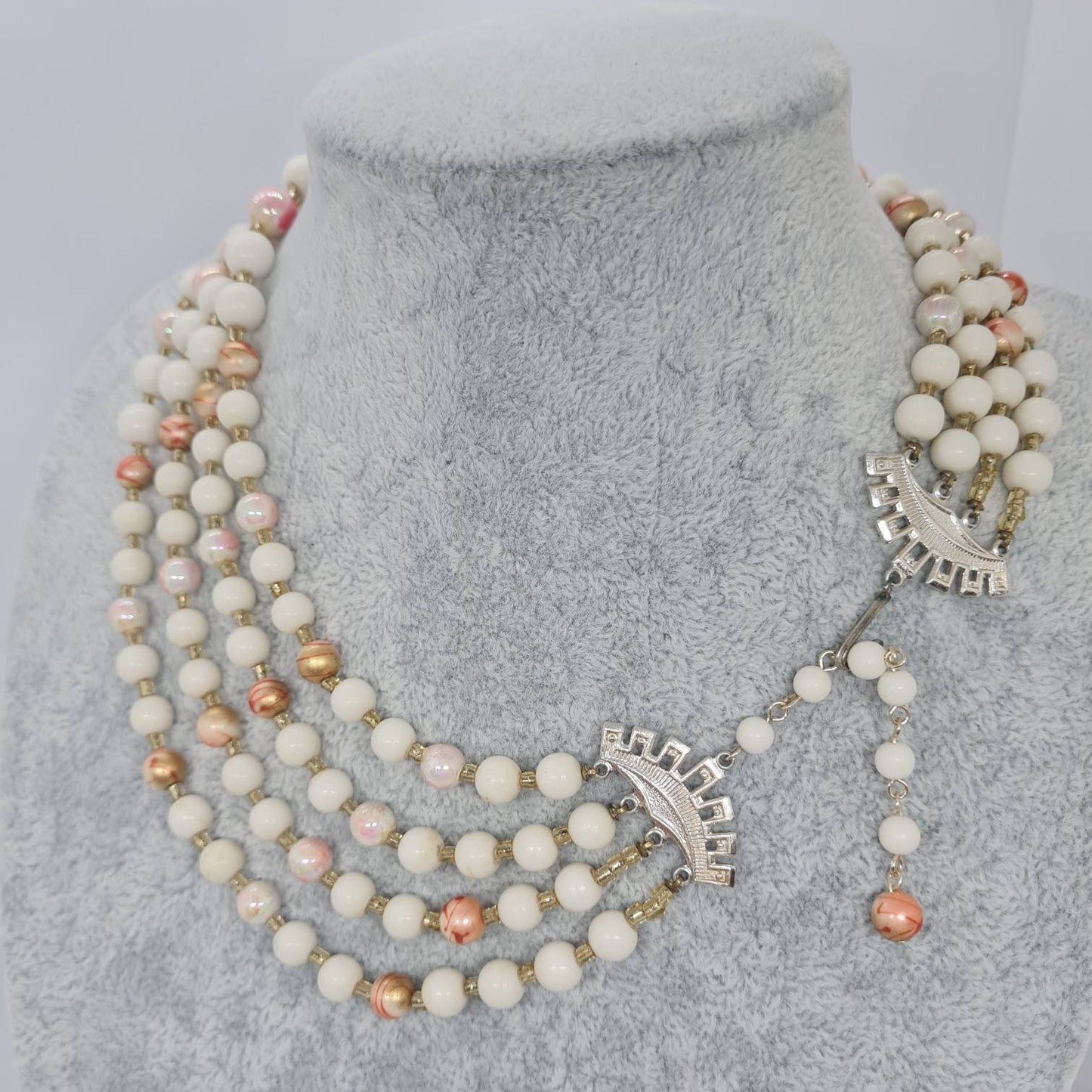 Vintage multistrand necklace Silver tone metal with white and pink plastic beads necklace