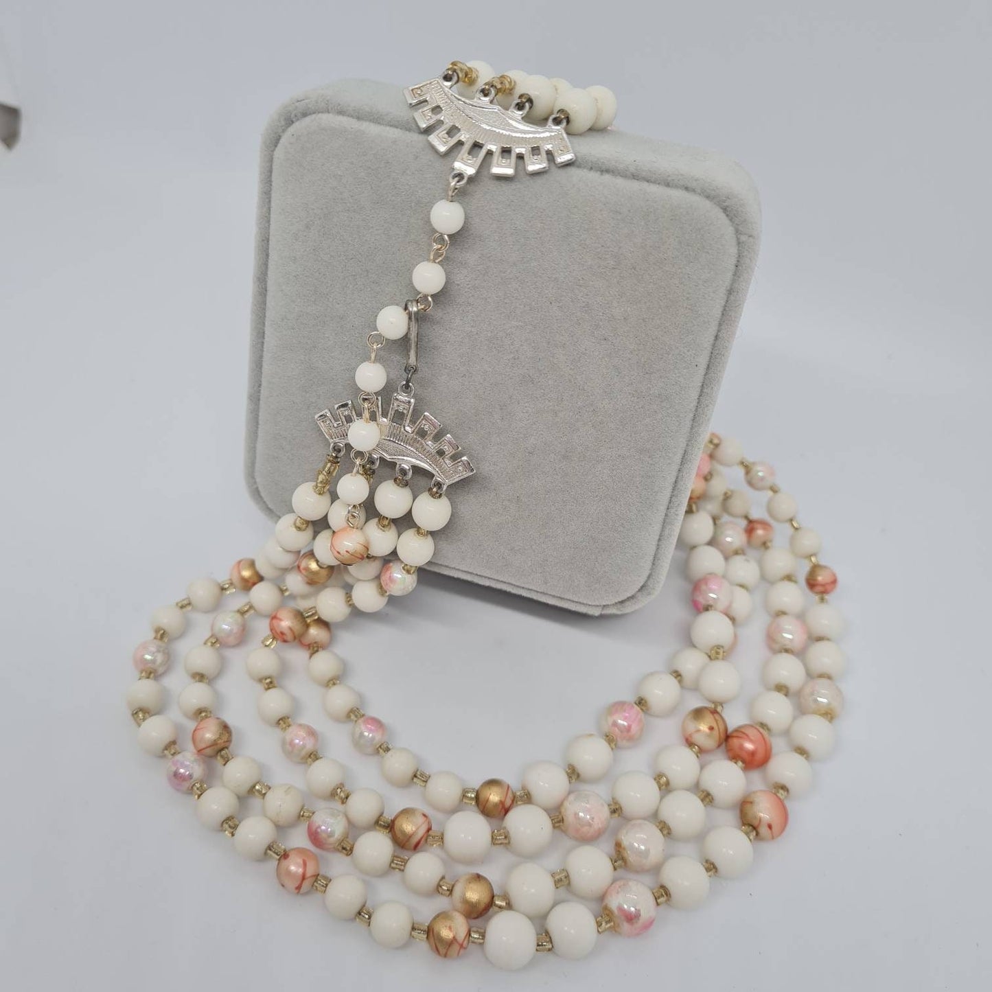 Vintage multistrand necklace Silver tone metal with white and pink plastic beads necklace