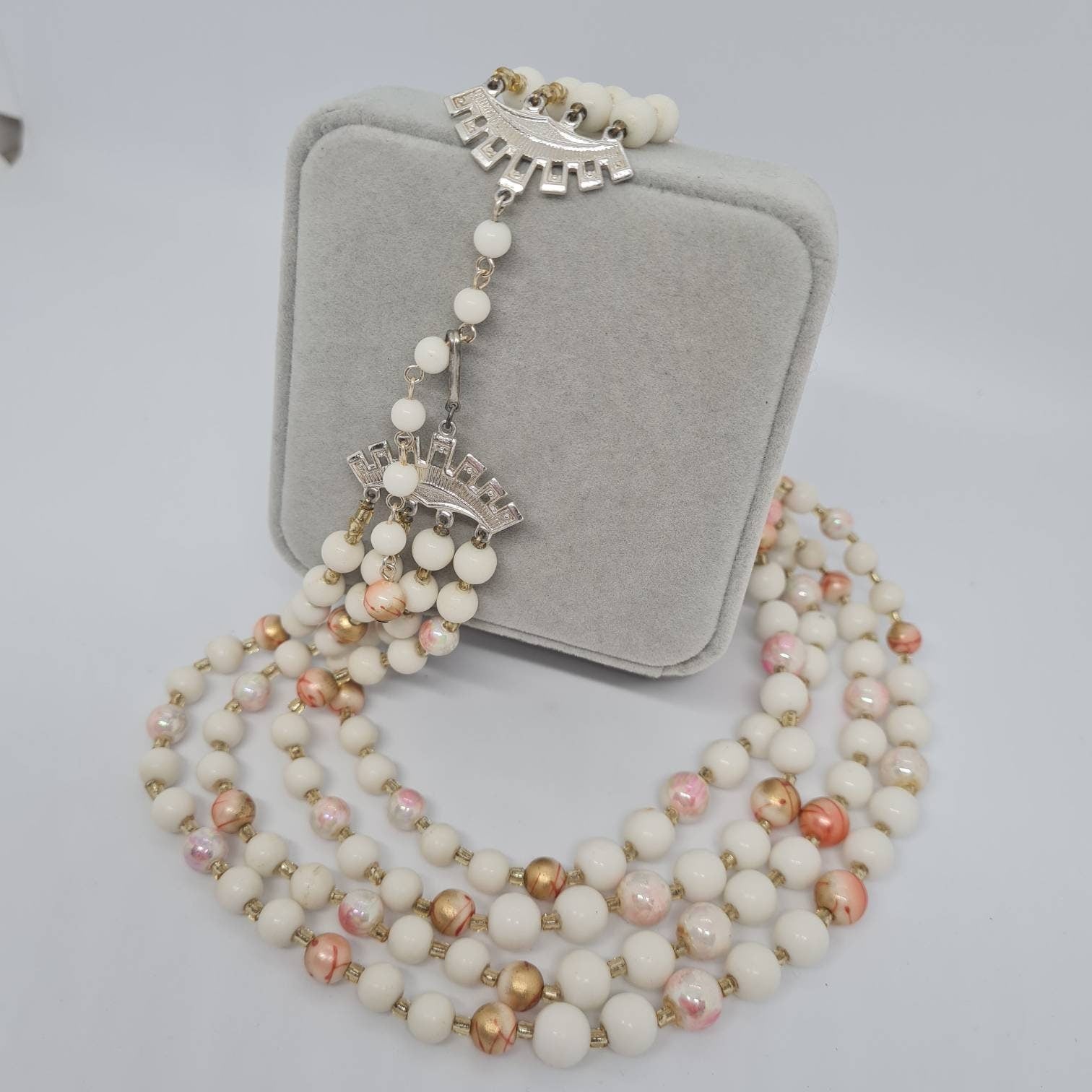 Vintage multistrand necklace Silver tone metal with white and pink plastic beads necklace