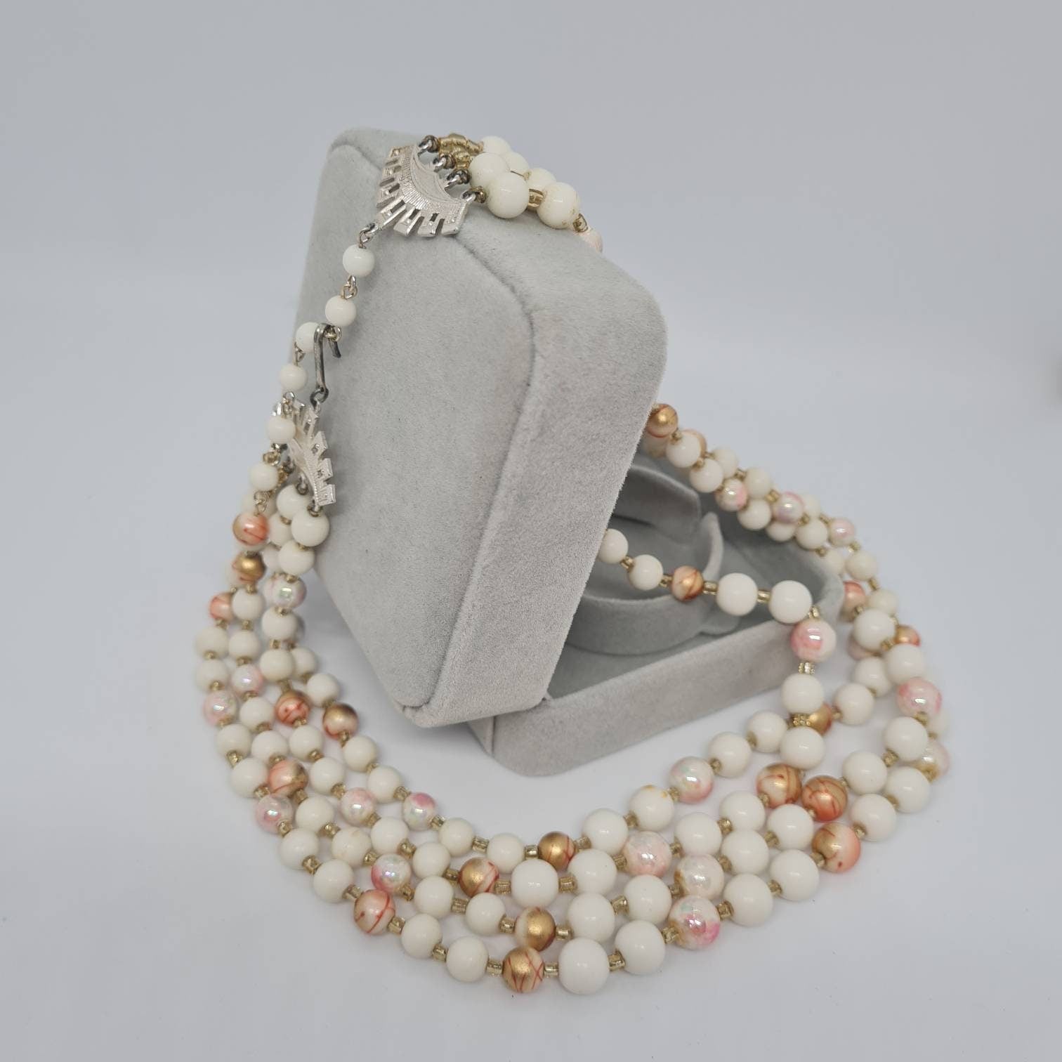 Vintage multistrand necklace Silver tone metal with white and pink plastic beads necklace